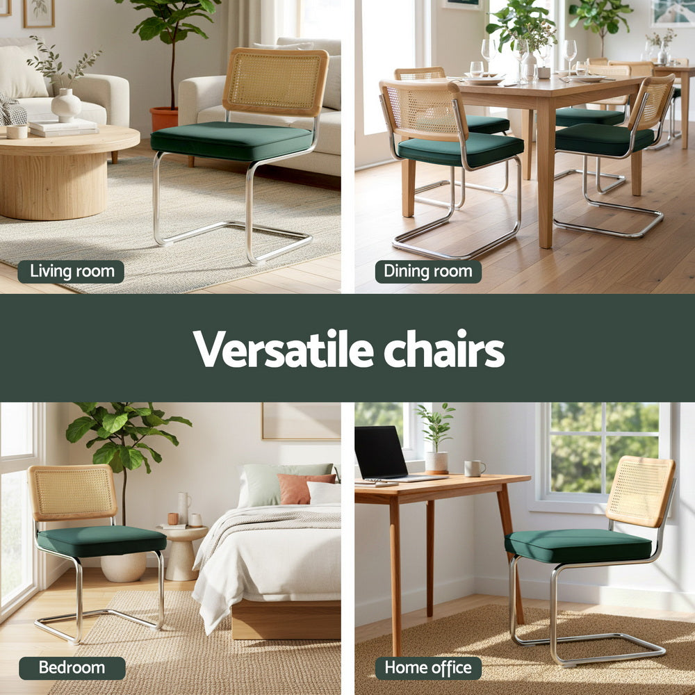 Dining Chairs Set of 2 Velvet Rattan Cantilever Green