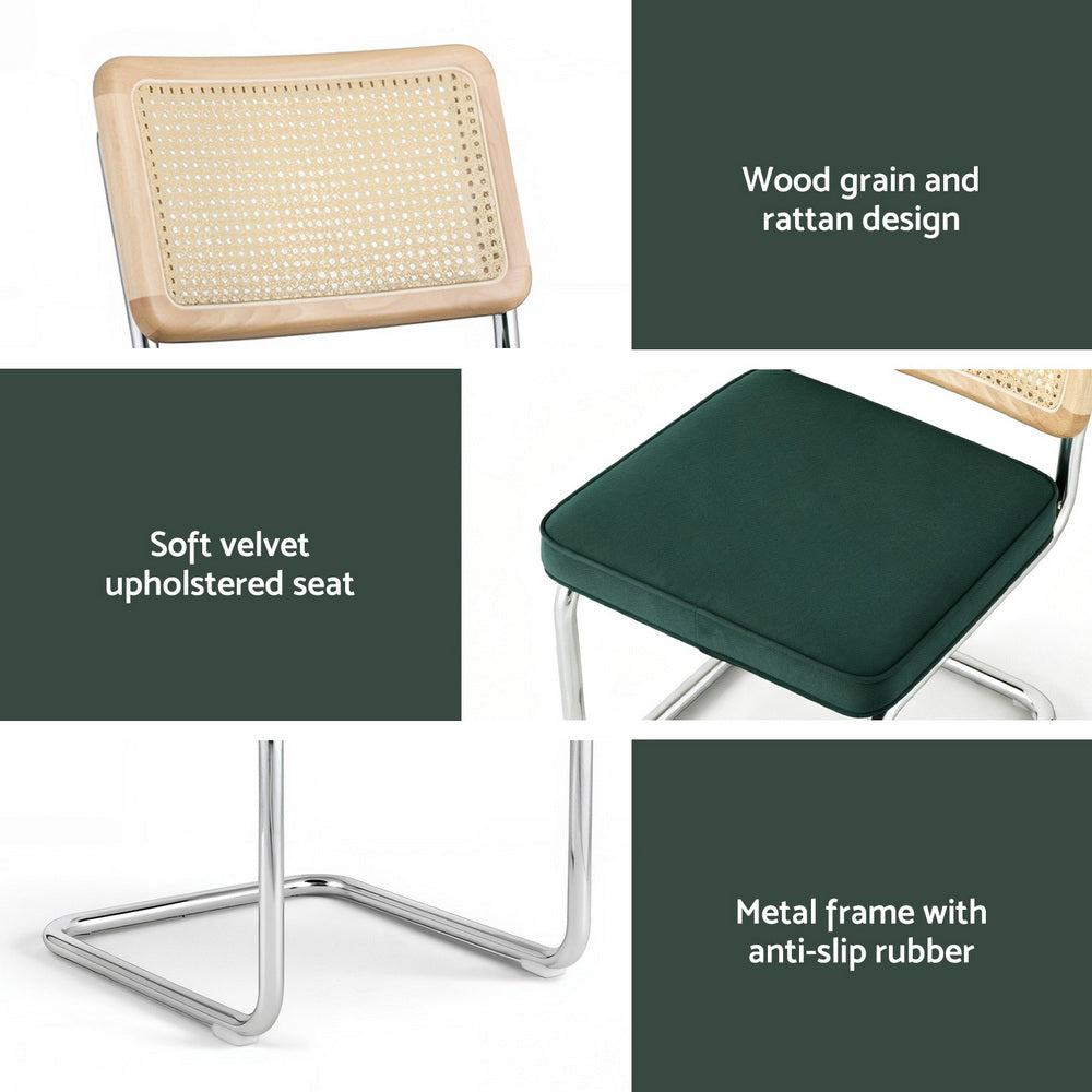 Dining Chairs Set of 2 Velvet Rattan Cantilever Green