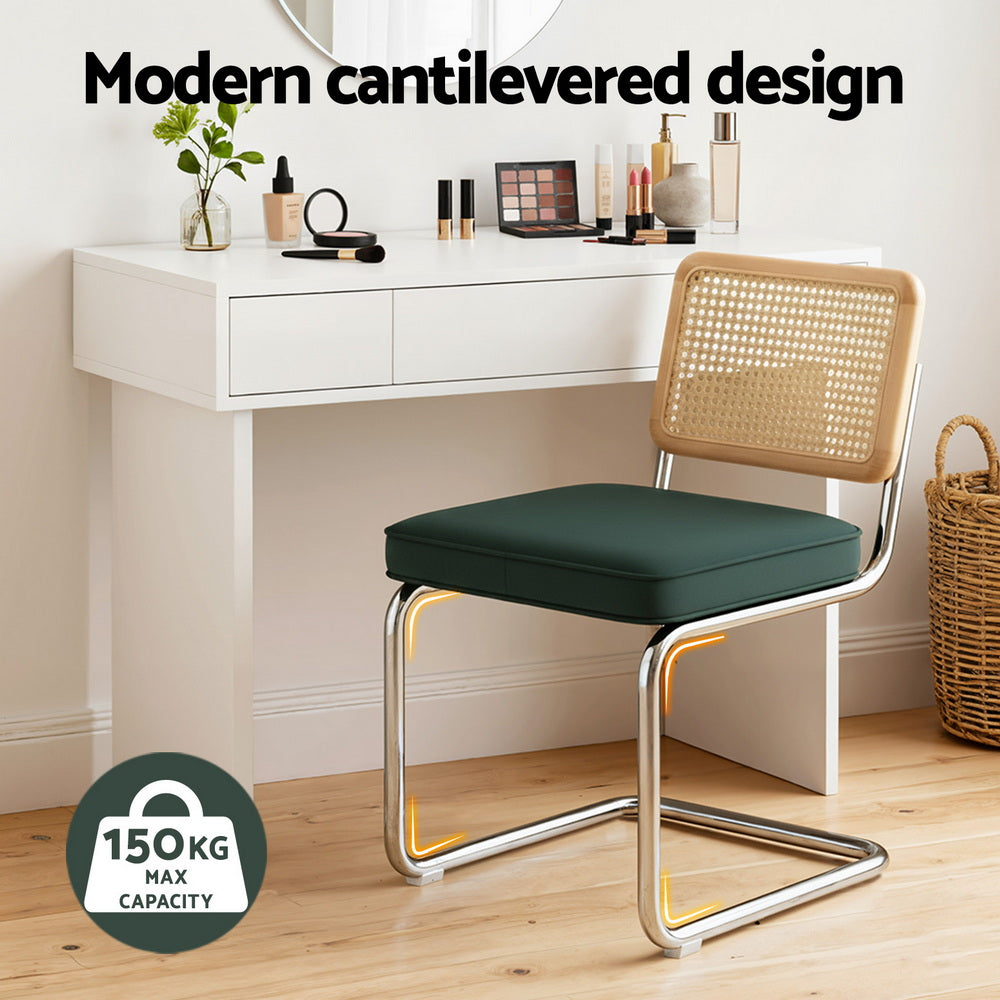 Dining Chairs Set of 4 Velvet Rattan Cantilever Green