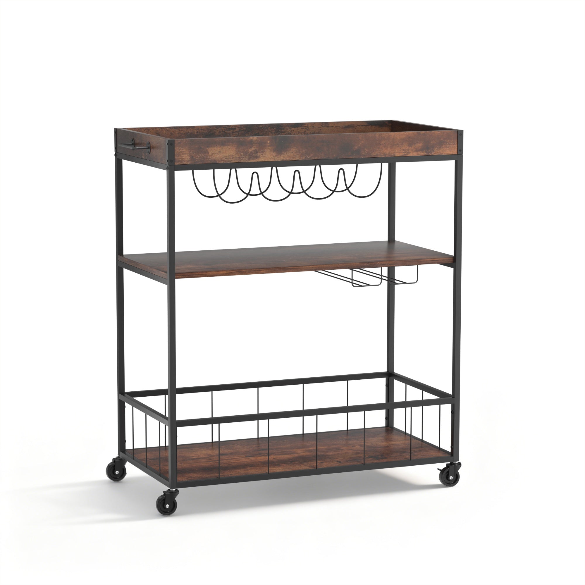 Kitchen Island Rolling Serving Cart with Shelves and Wine Storage - Oak