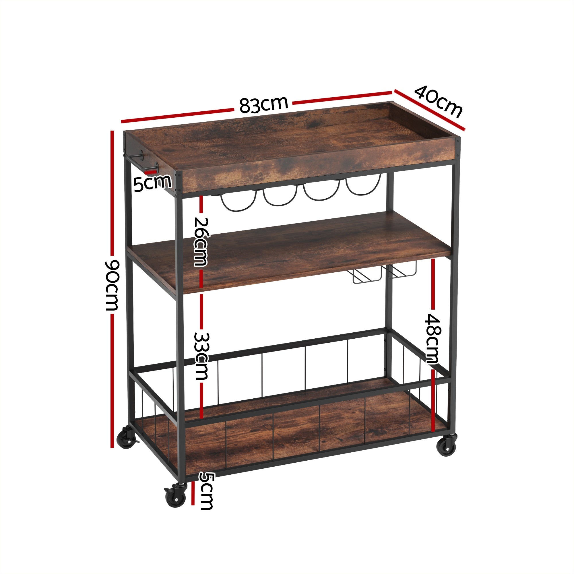 Kitchen Island Rolling Serving Cart with Shelves and Wine Storage - Oak