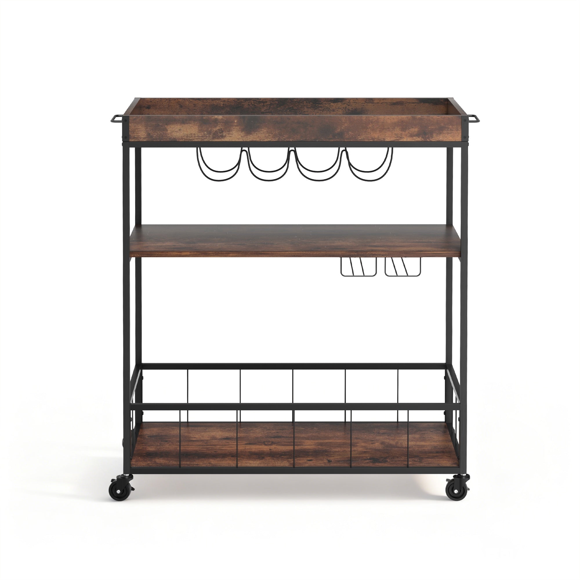 Kitchen Island Rolling Serving Cart with Shelves and Wine Storage - Oak