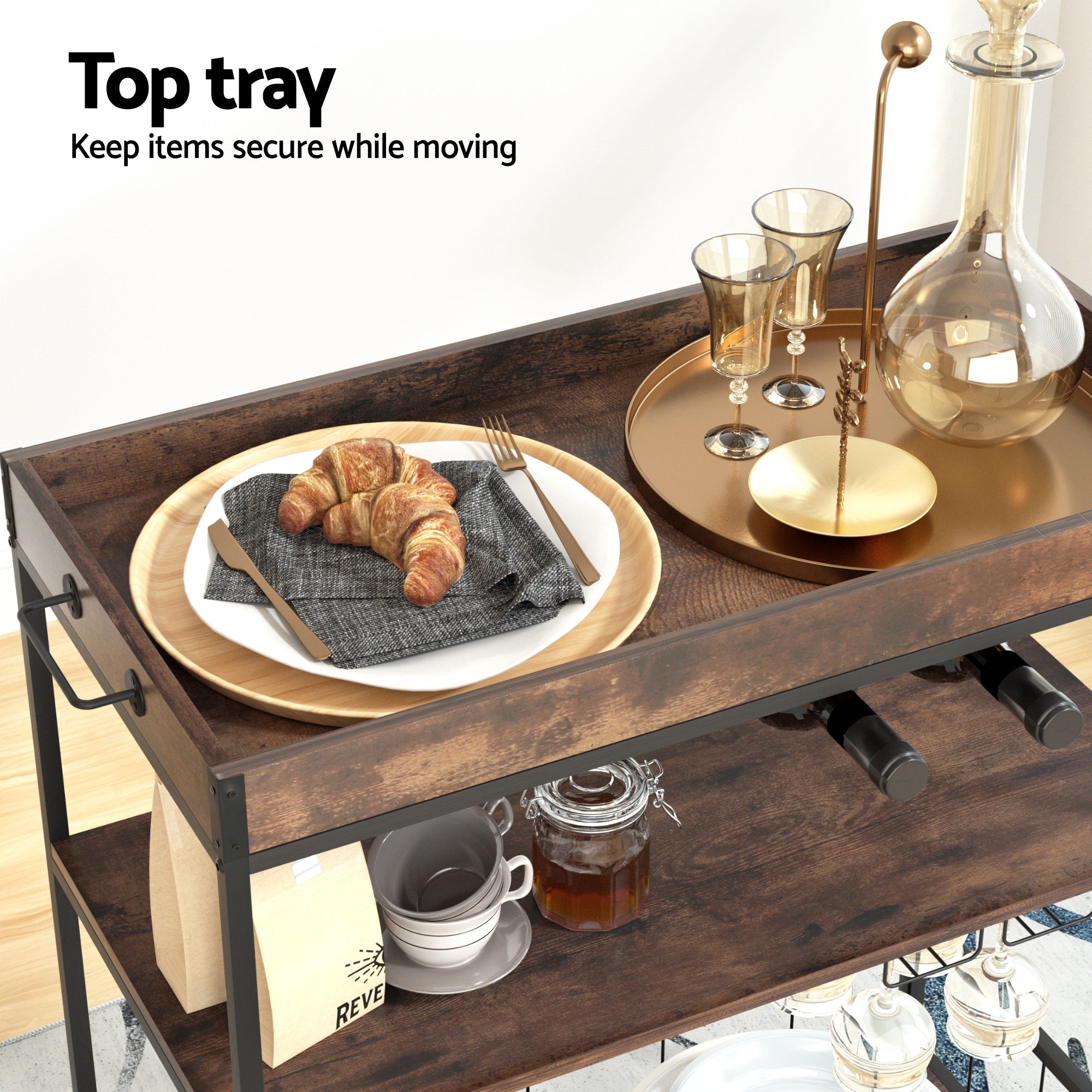 Kitchen Island Rolling Serving Cart with Shelves and Wine Storage - Oak