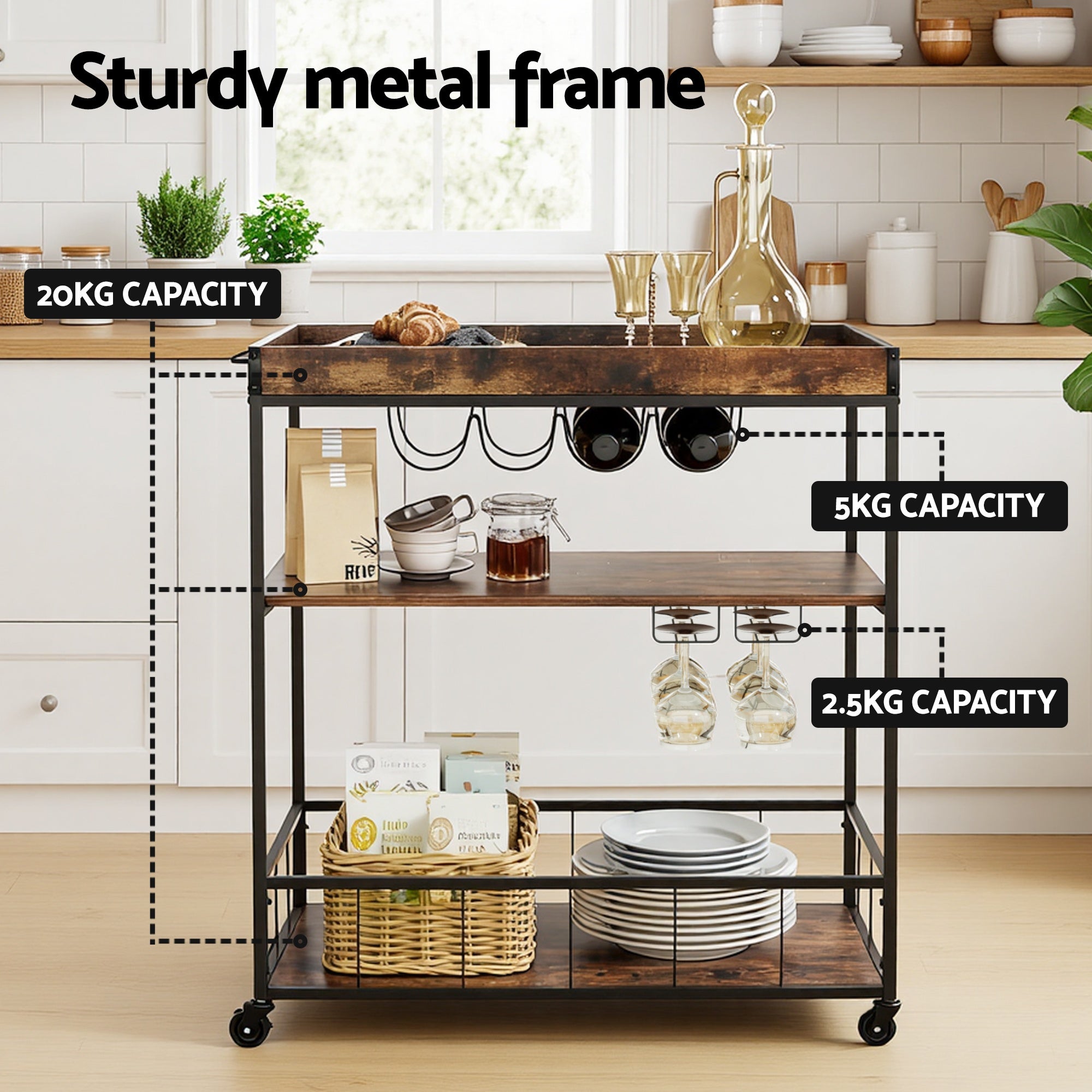 Kitchen Island Rolling Serving Cart with Shelves and Wine Storage - Oak