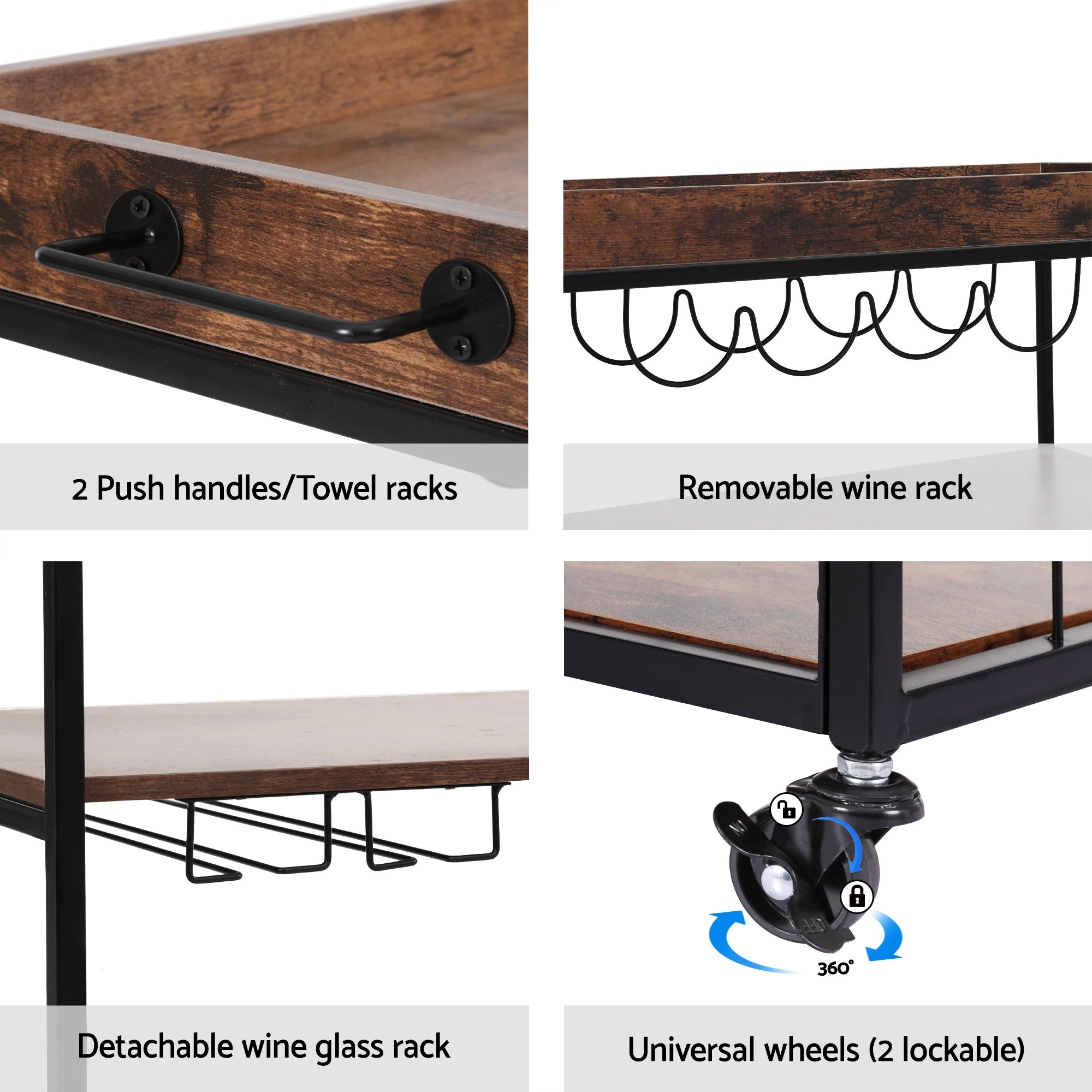 Kitchen Island Rolling Serving Cart with Shelves and Wine Storage - Oak