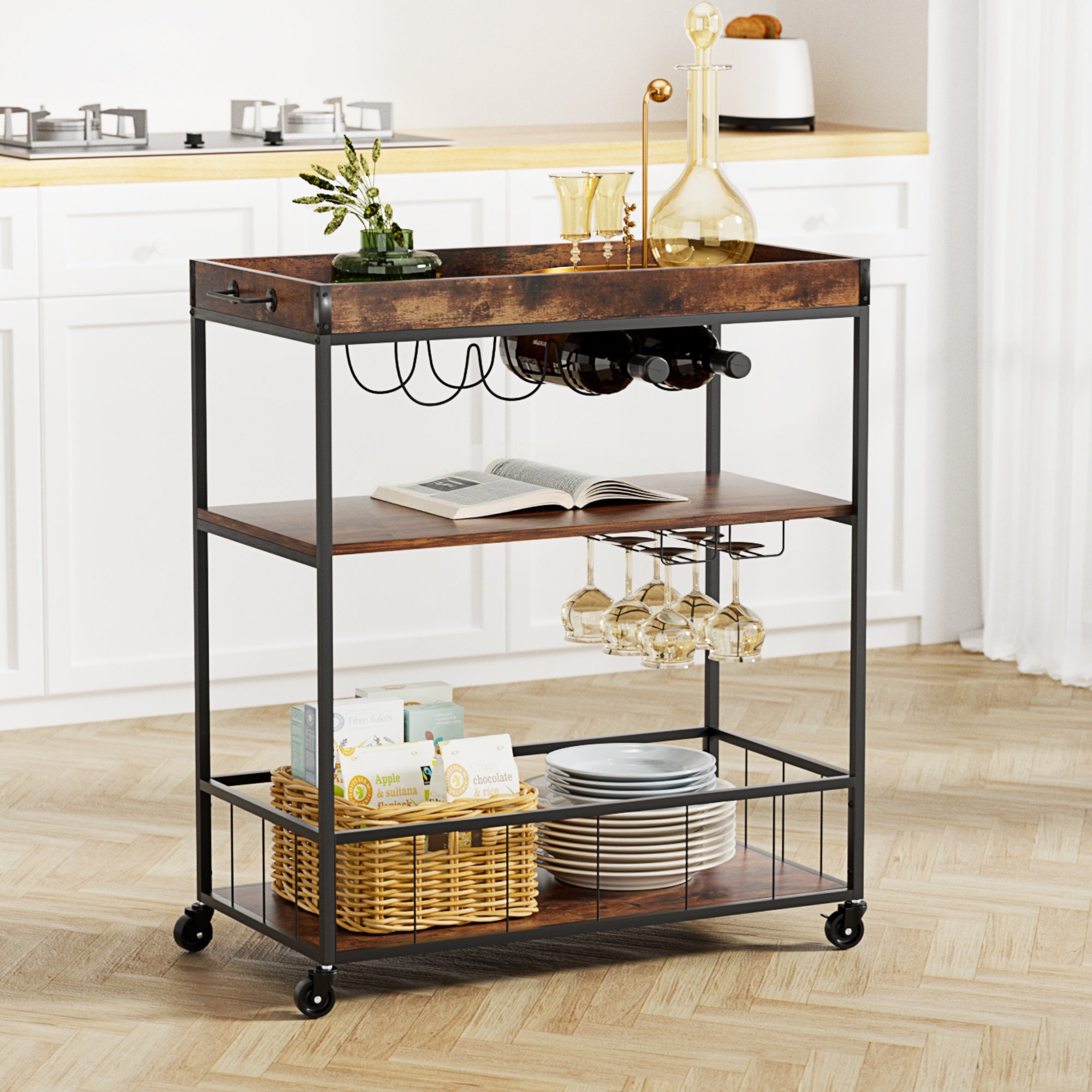 Kitchen Island Rolling Serving Cart with Shelves and Wine Storage - Oak