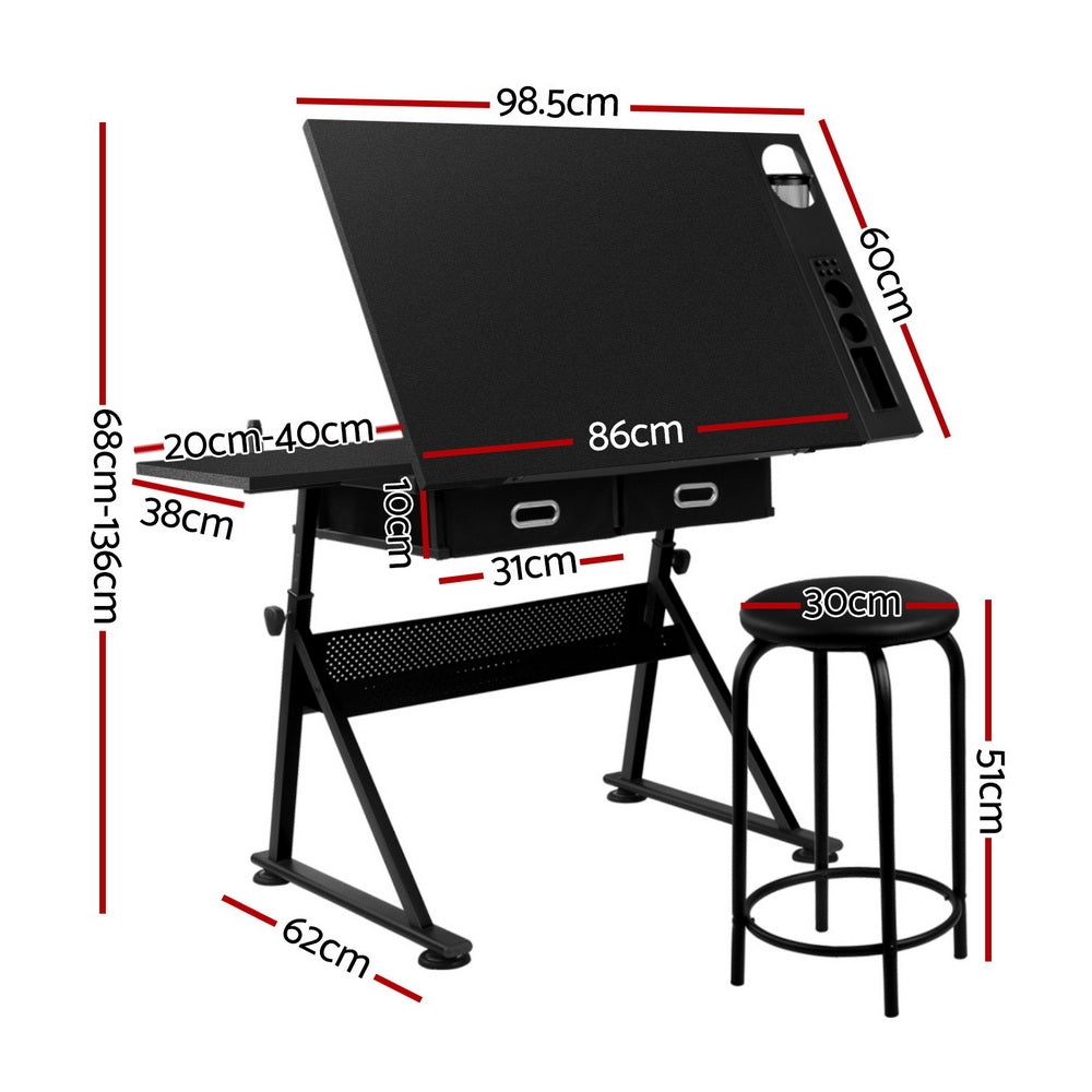 Drawing Desk Stool Set Drafting Table Adjustable Angle Tilt Drawers Black