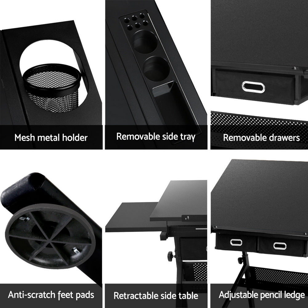 Drawing Desk Stool Set Drafting Table Adjustable Angle Tilt Drawers Black