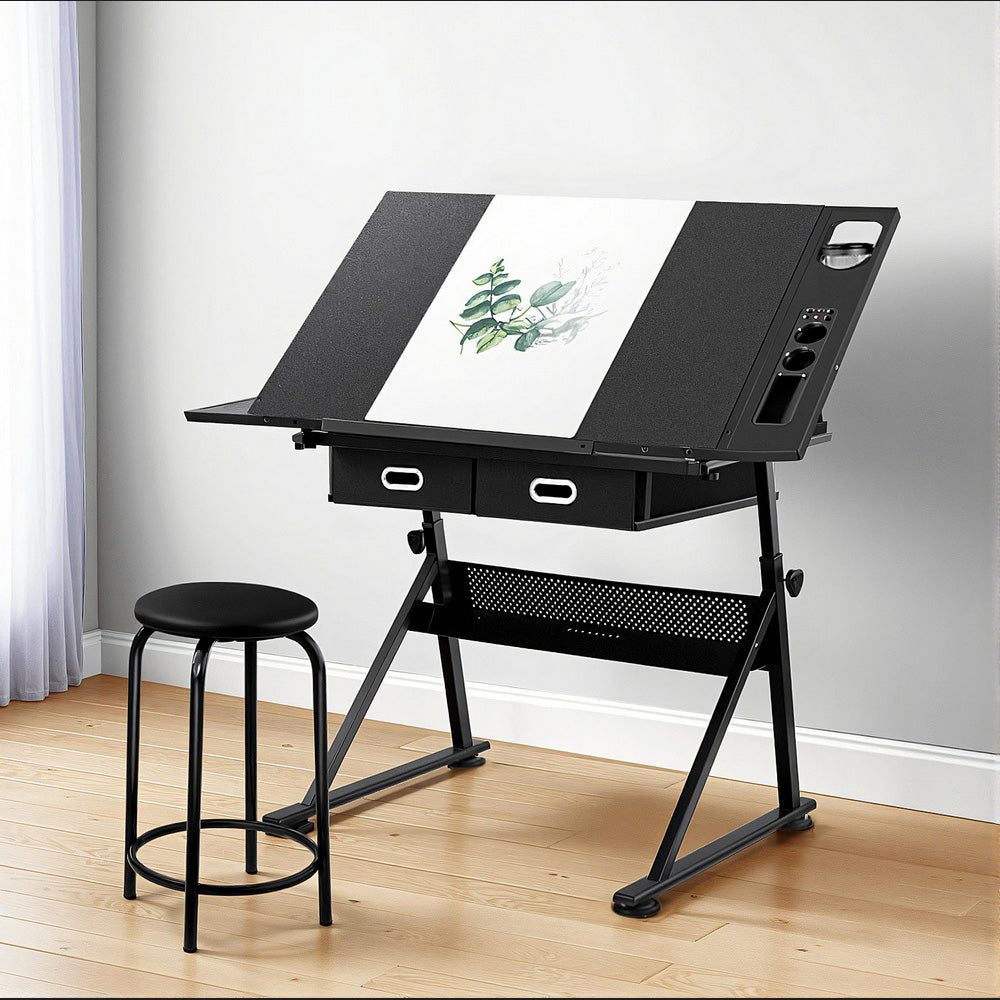 Drawing Desk Stool Set Drafting Table Adjustable Angle Tilt Drawers Black