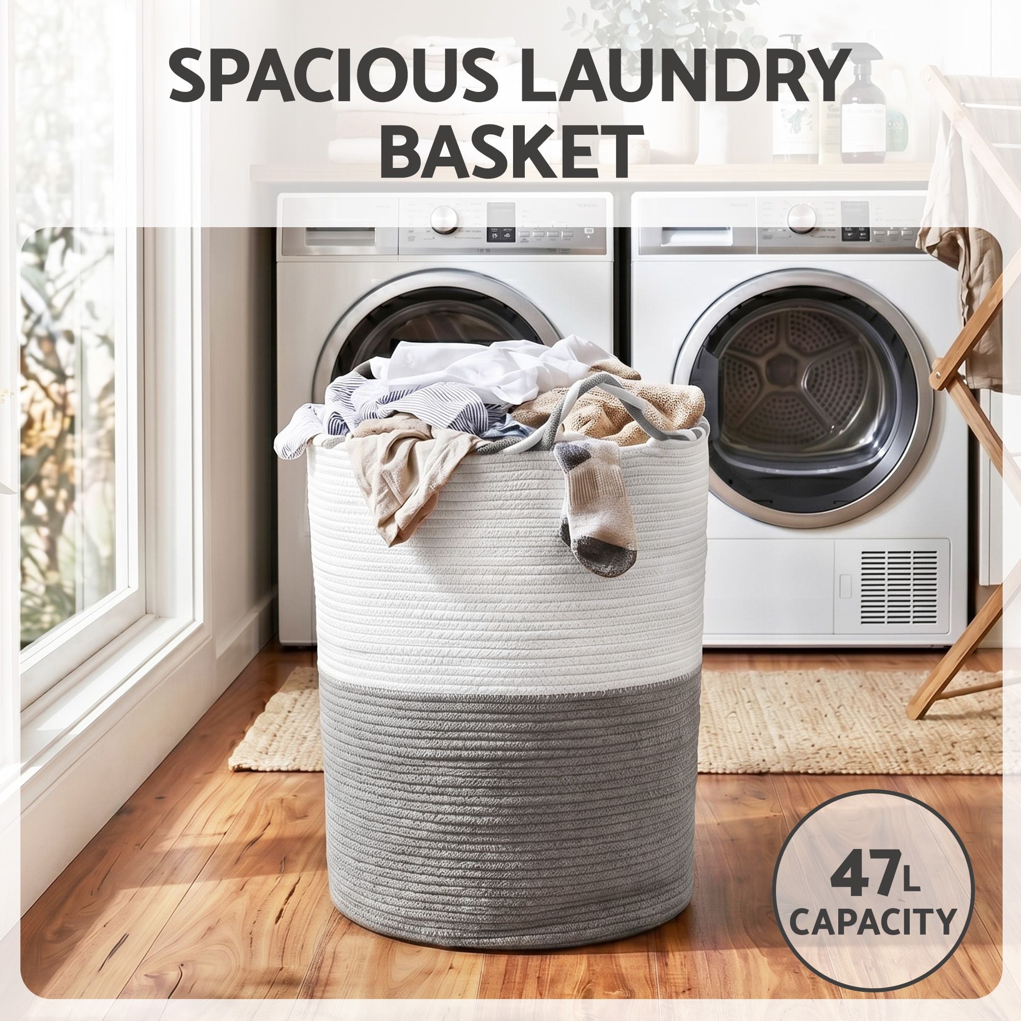 Woven Laundry Basket with handles Foldable White & Grey