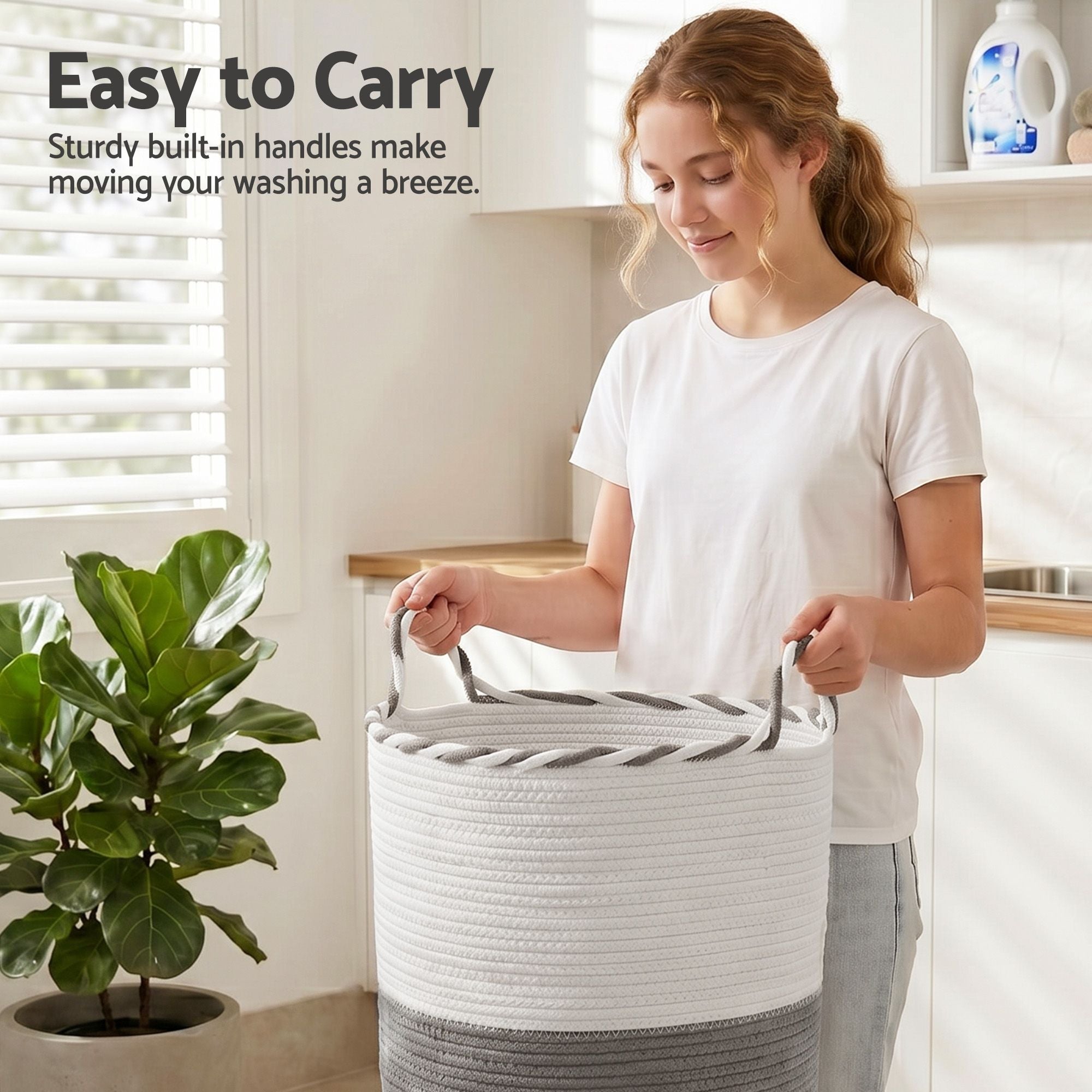 Woven Laundry Basket with handles Foldable White & Grey