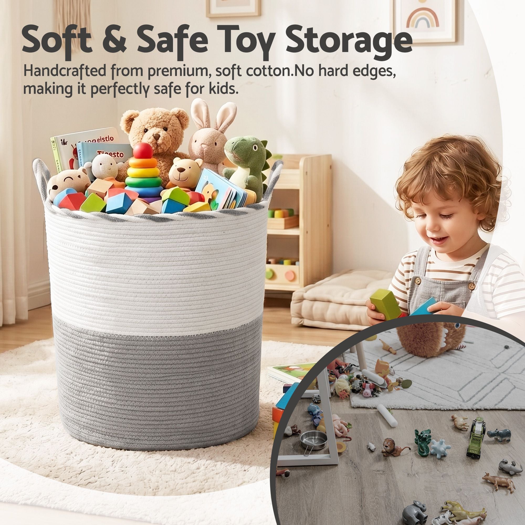 Woven Laundry Basket with handles Foldable White & Grey