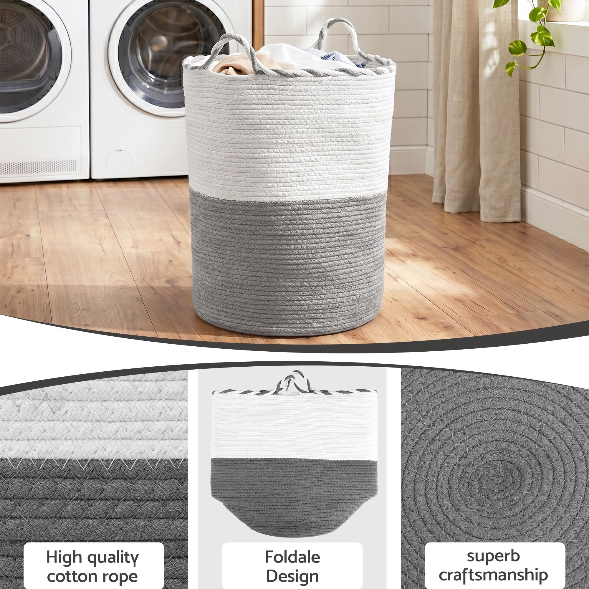 Woven Laundry Basket with handles Foldable White & Grey