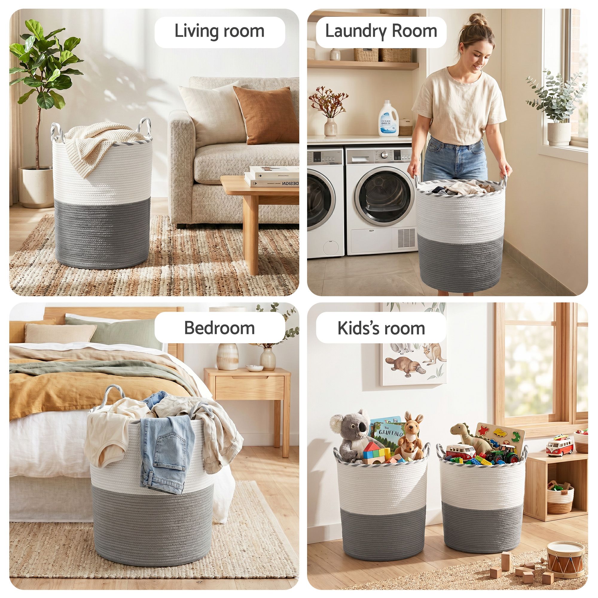 Woven Laundry Basket with handles Foldable White & Grey