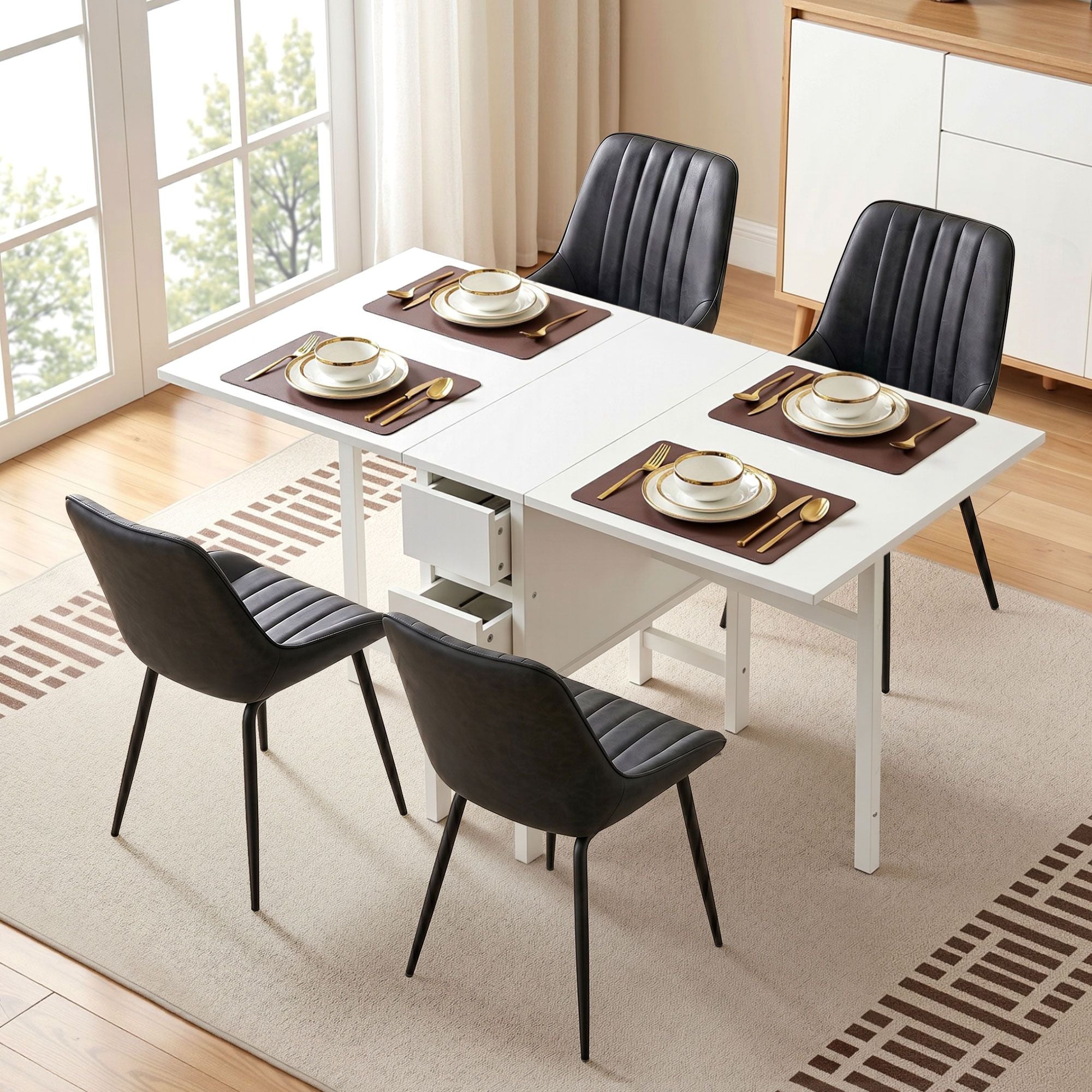 Dining Table and Chairs Set 5pcs Foldable Kitchen Furniture with 2 Drawers Black and White