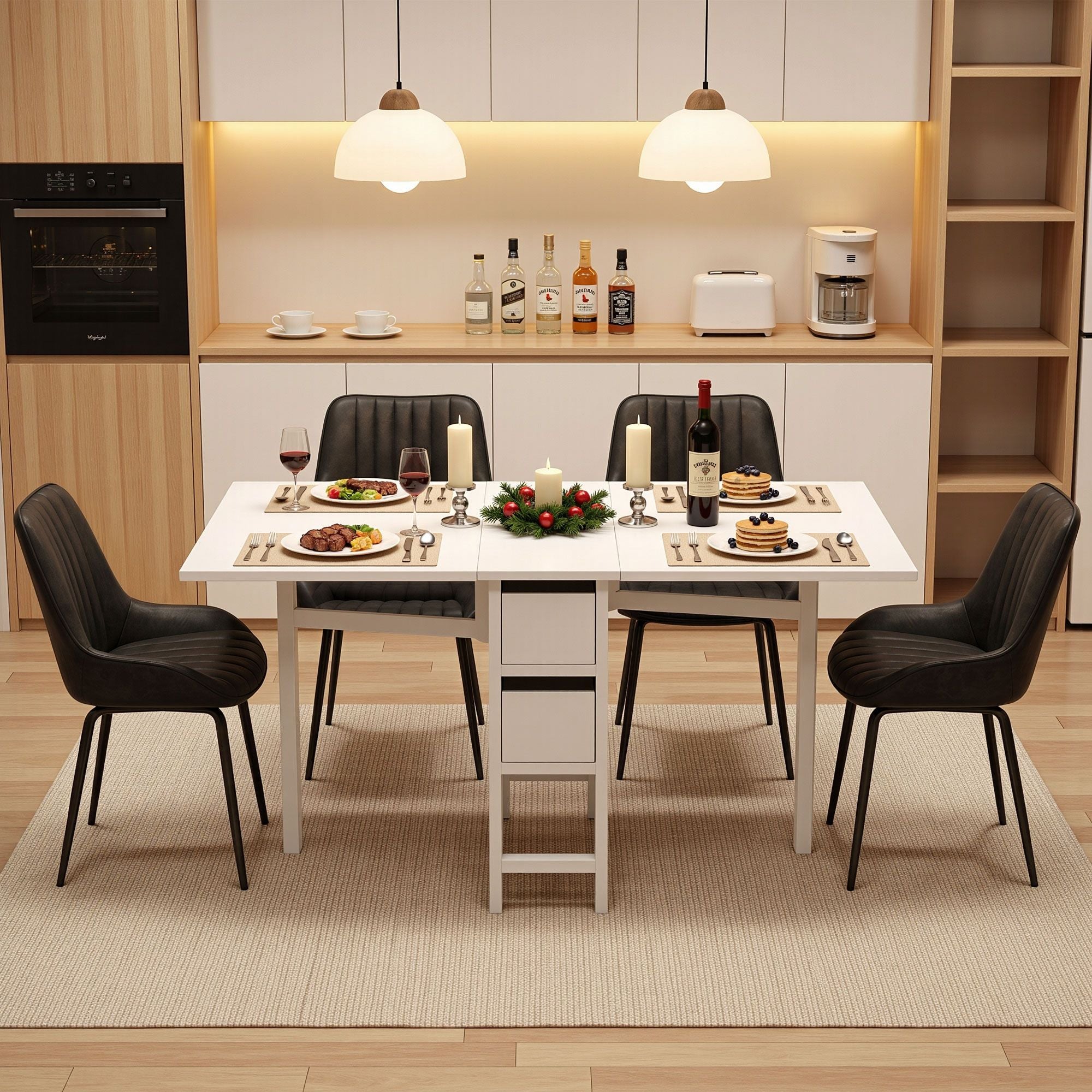 Dining Table and Chairs Set 5pcs Foldable Kitchen Furniture with 2 Drawers Black and White