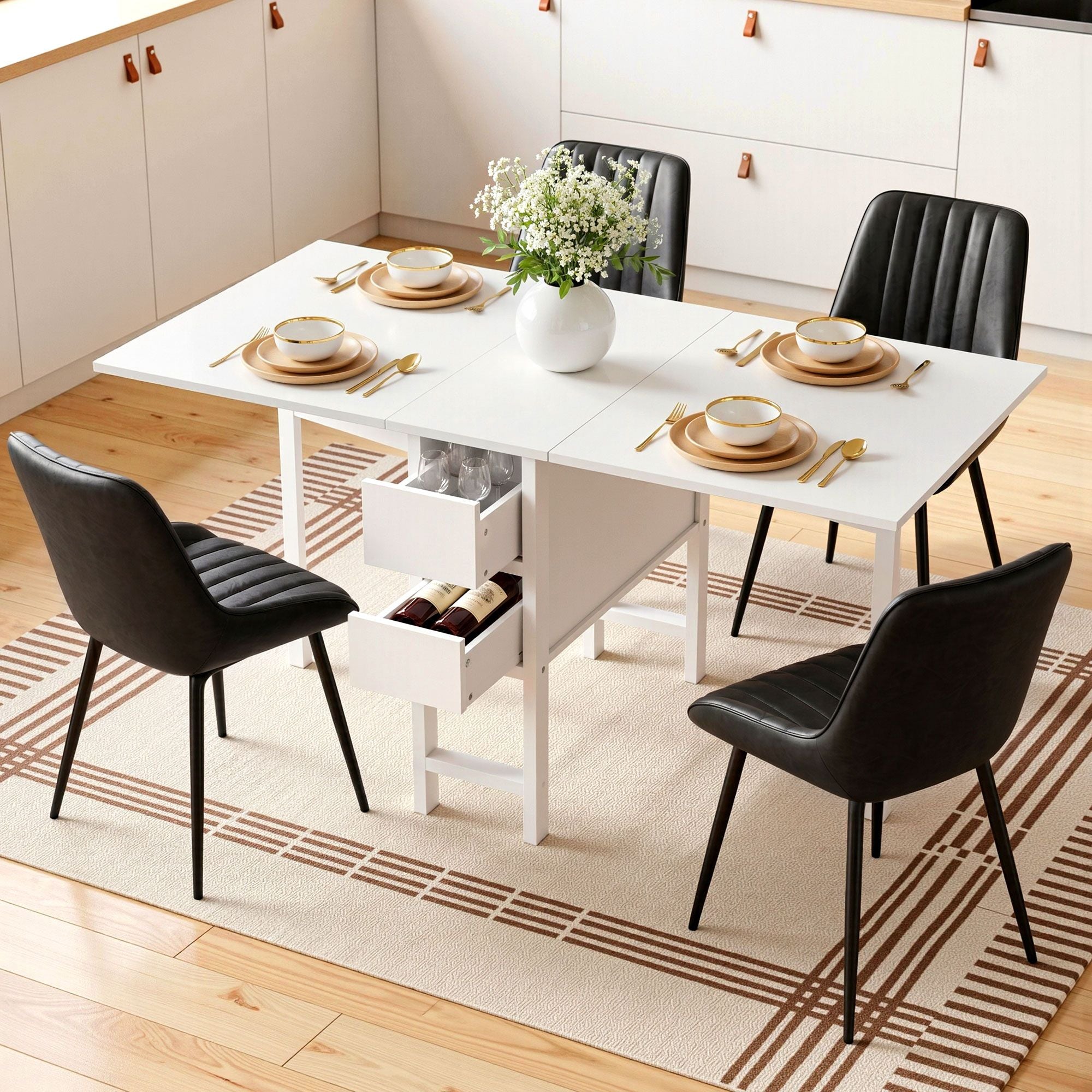 Dining Table and Chairs Set 5pcs Foldable Kitchen Furniture with 2 Drawers Black and White