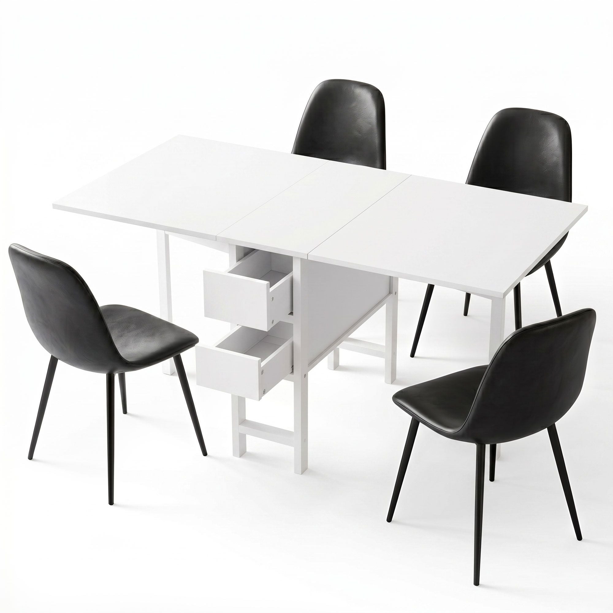 Dining Table and Chairs Set 5pcs Foldable with 2 Drawers Black and White
