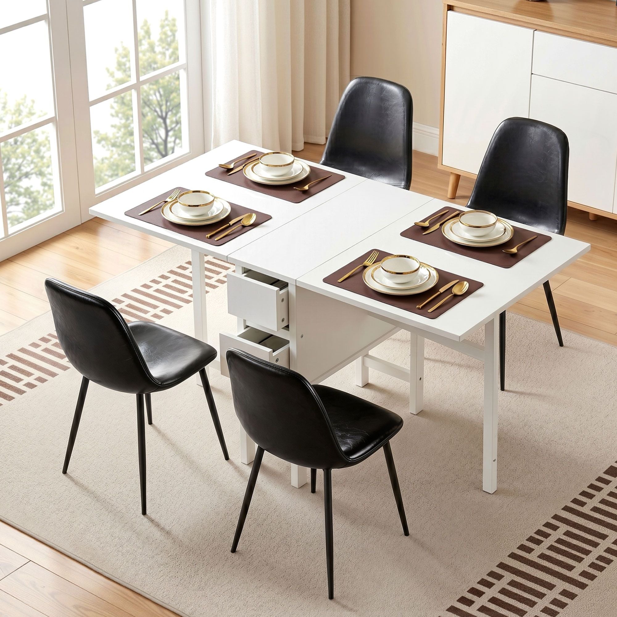 Dining Table and Chairs Set 5pcs Foldable with 2 Drawers Black and White