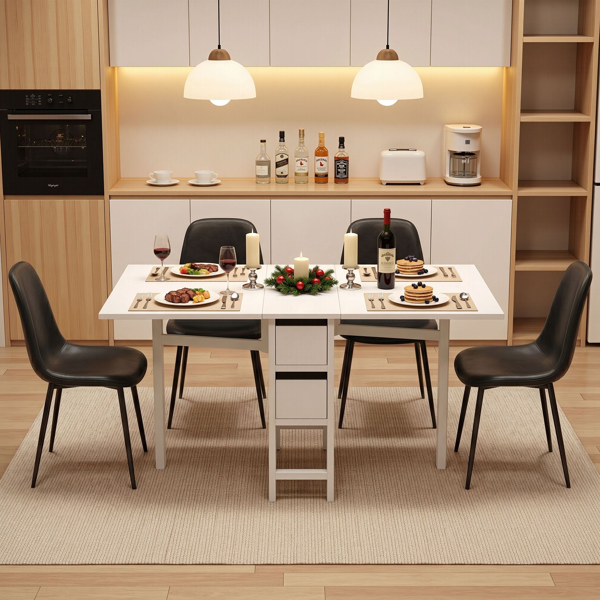 Dining Table and Chairs Set 5pcs Foldable with 2 Drawers Black and White