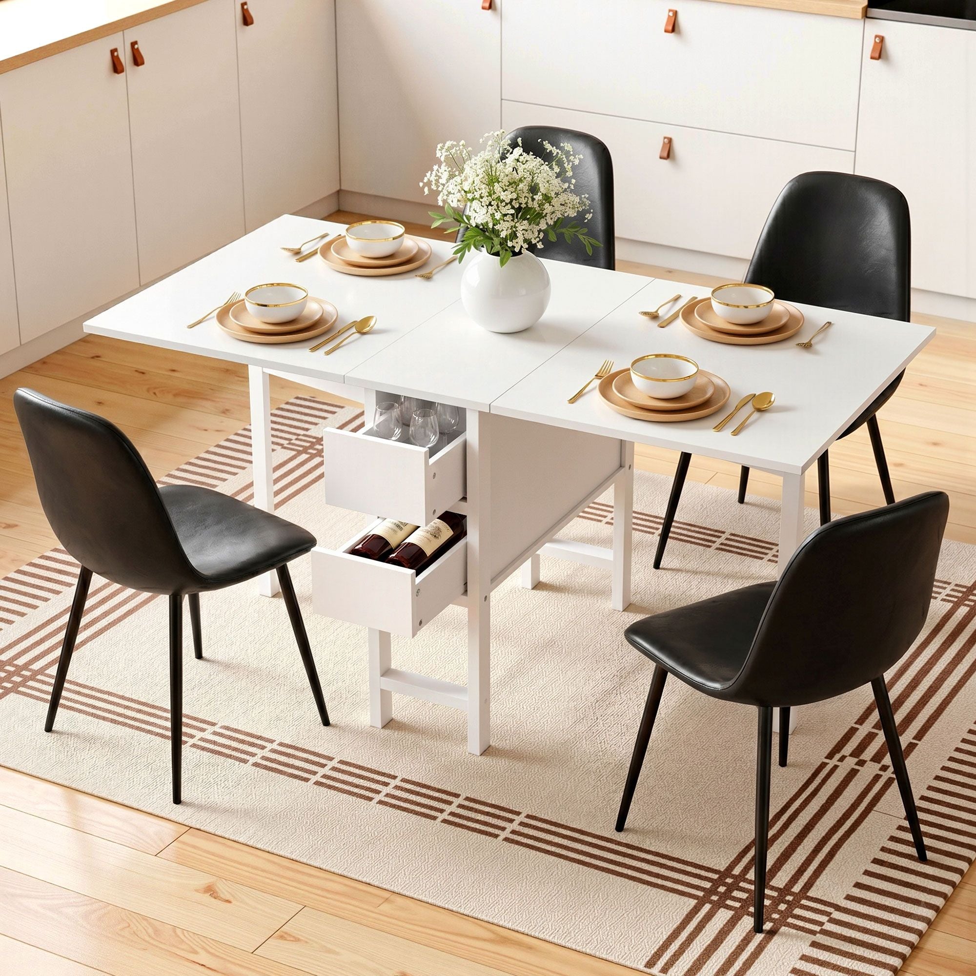 Dining Table and Chairs Set 5pcs Foldable with 2 Drawers Black and White