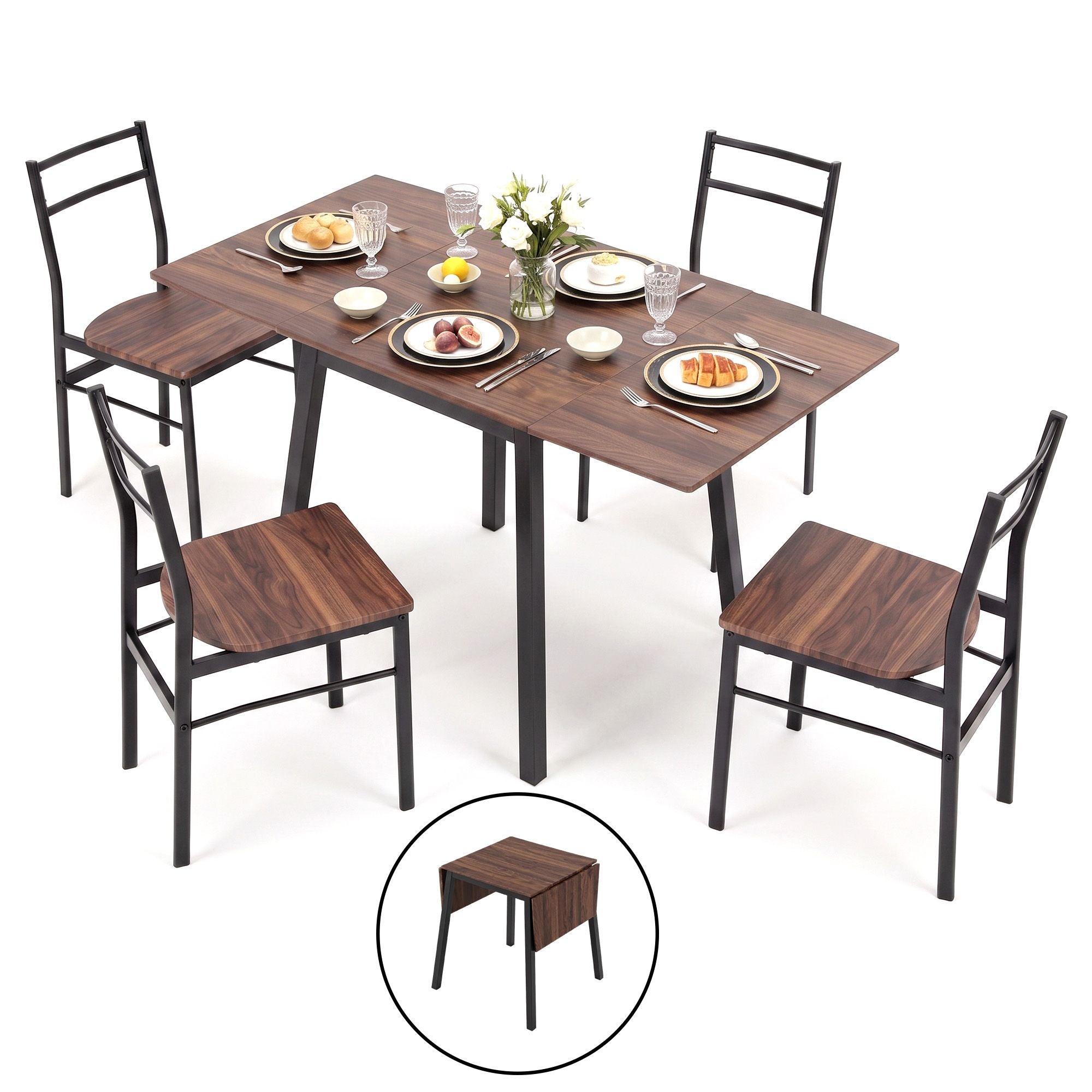 Dining Table and 4 Chairs Set 5pcs Extendable 60-120cm Drop-Leaf - Brown