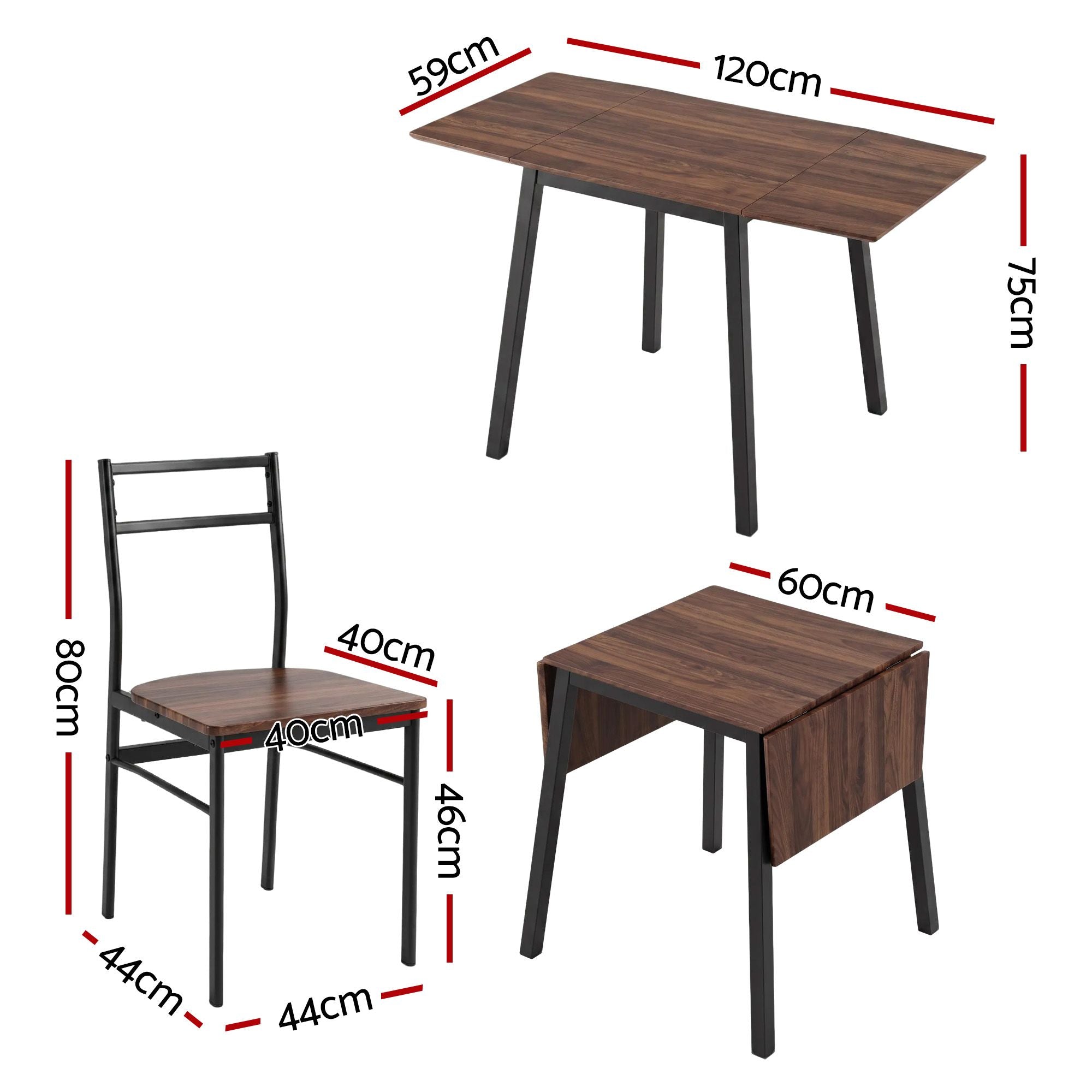Dining Table and 4 Chairs Set 5pcs Extendable 60-120cm Drop-Leaf - Brown