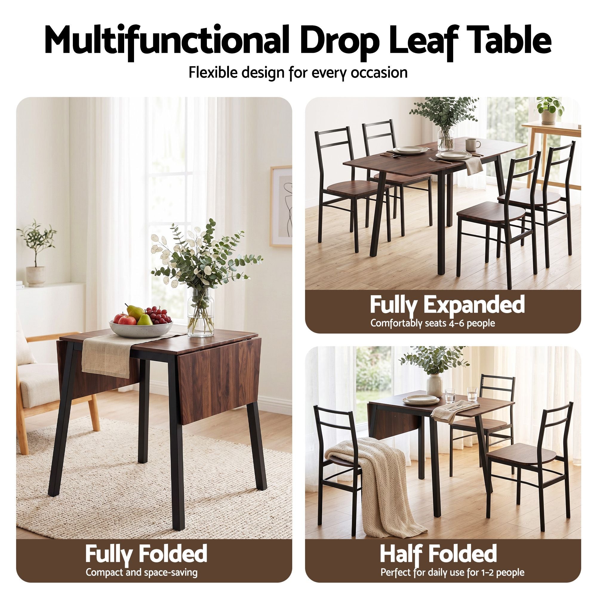Dining Table and 4 Chairs Set 5pcs Extendable 60-120cm Drop-Leaf - Brown