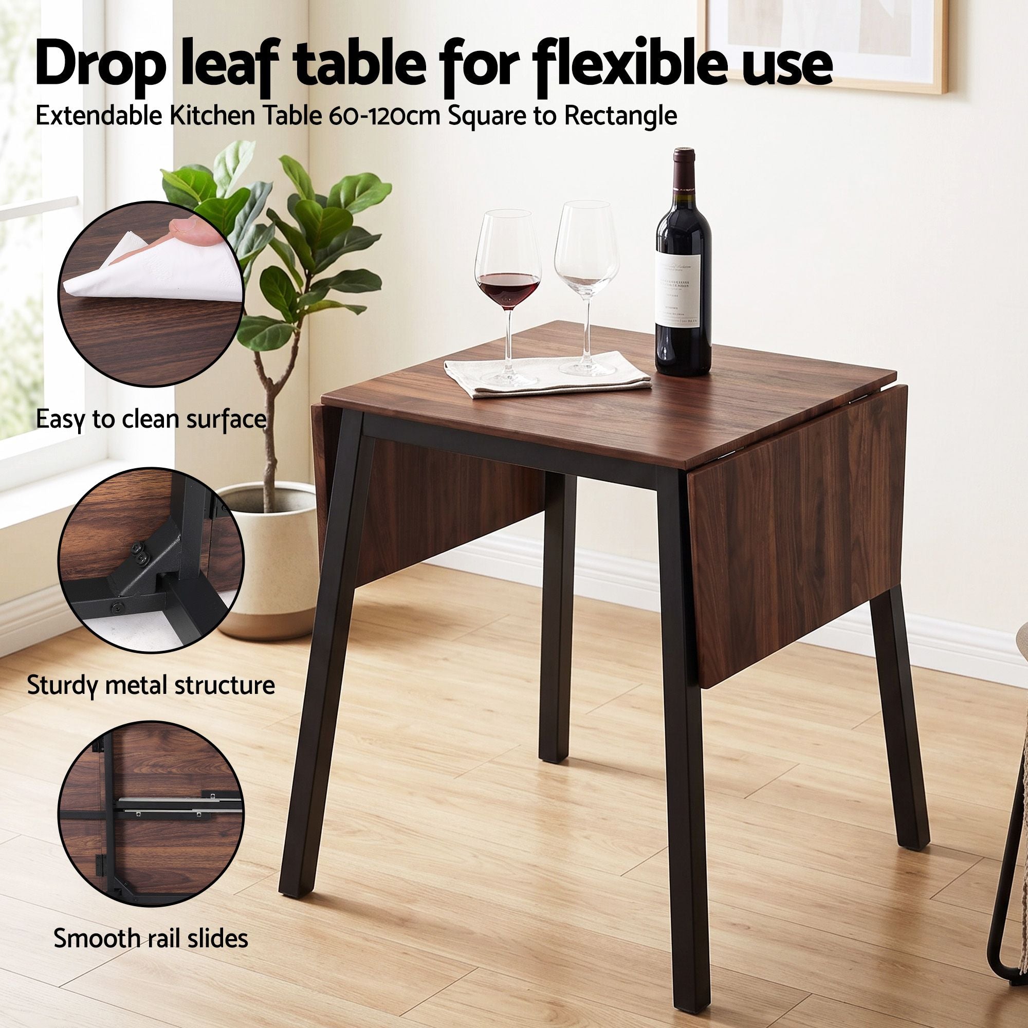 Dining Table and 4 Chairs Set 5pcs Extendable 60-120cm Drop-Leaf - Brown