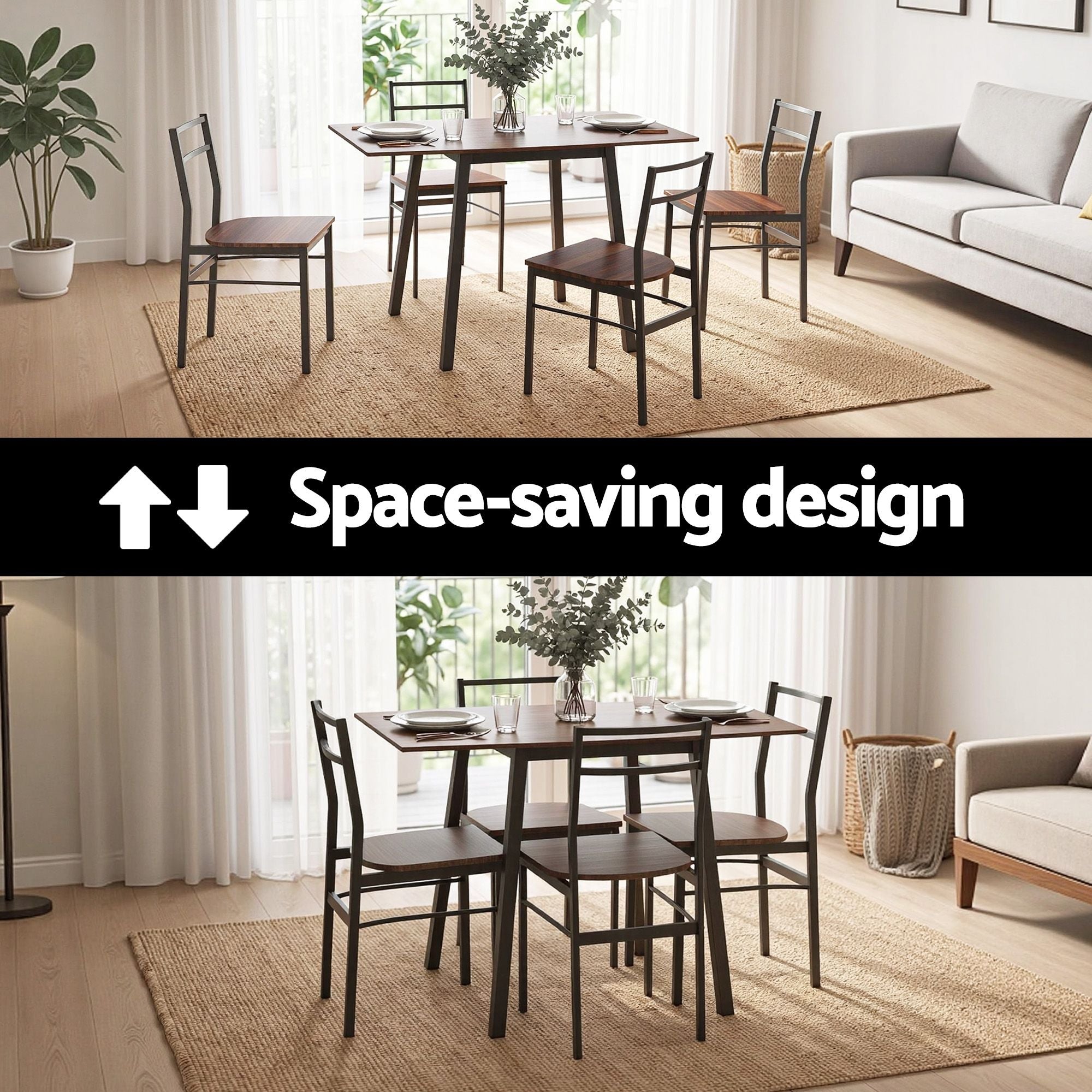 Dining Table and 4 Chairs Set 5pcs Extendable 60-120cm Drop-Leaf - Brown