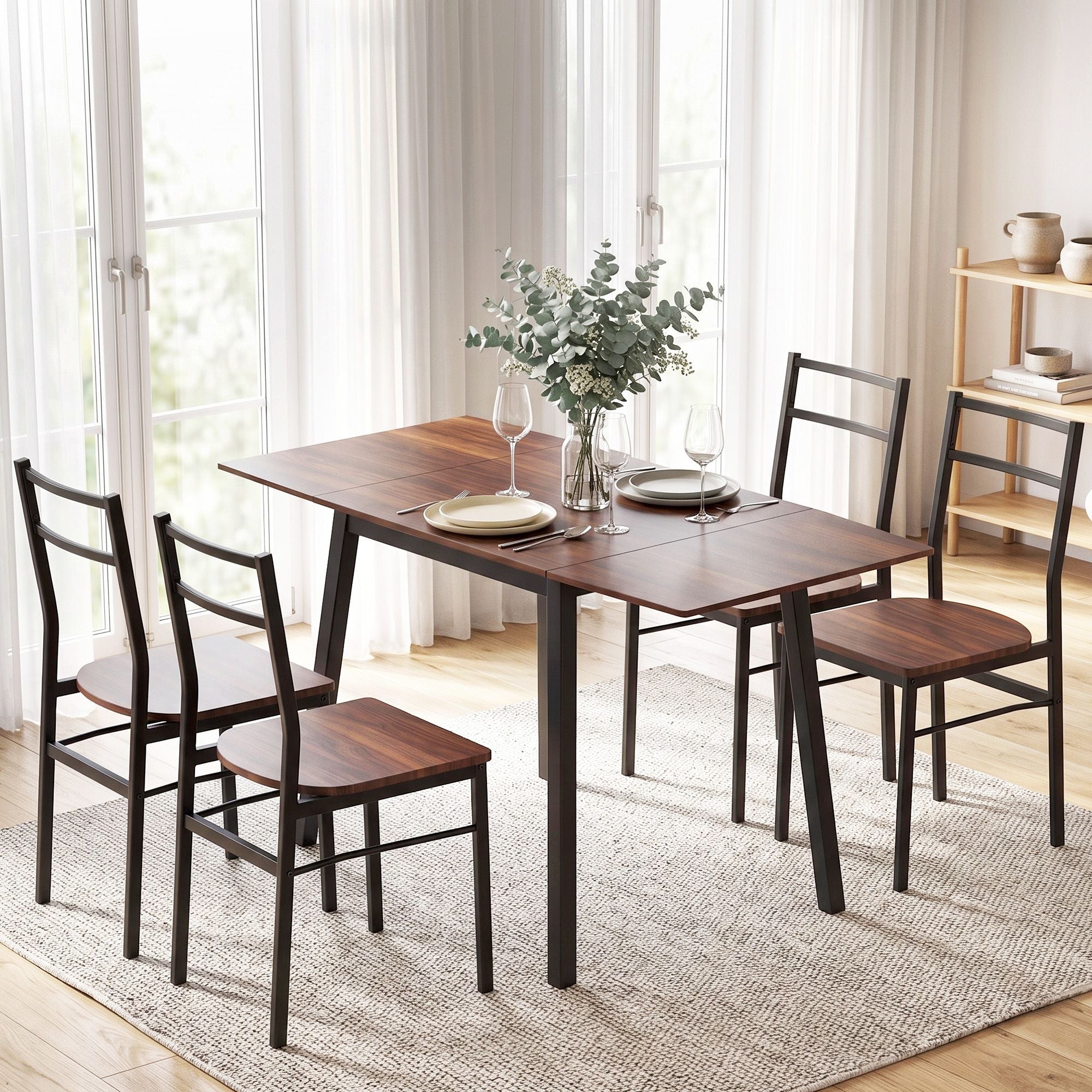 Dining Table and 4 Chairs Set 5pcs Extendable 60-120cm Drop-Leaf - Brown