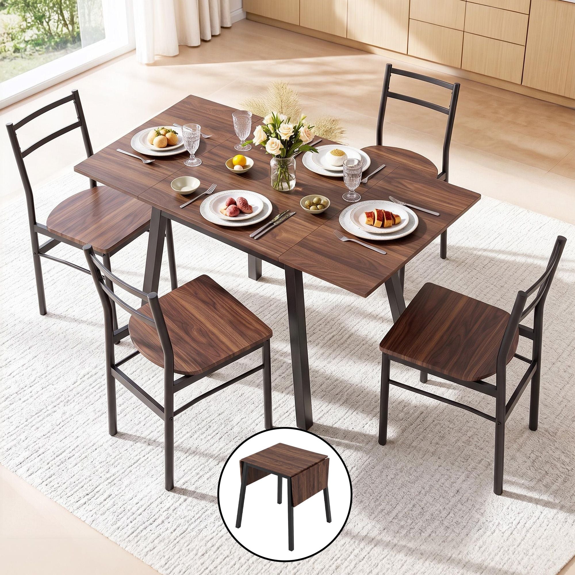 Dining Table and 4 Chairs Set 5pcs Extendable 60-120cm Drop-Leaf - Brown