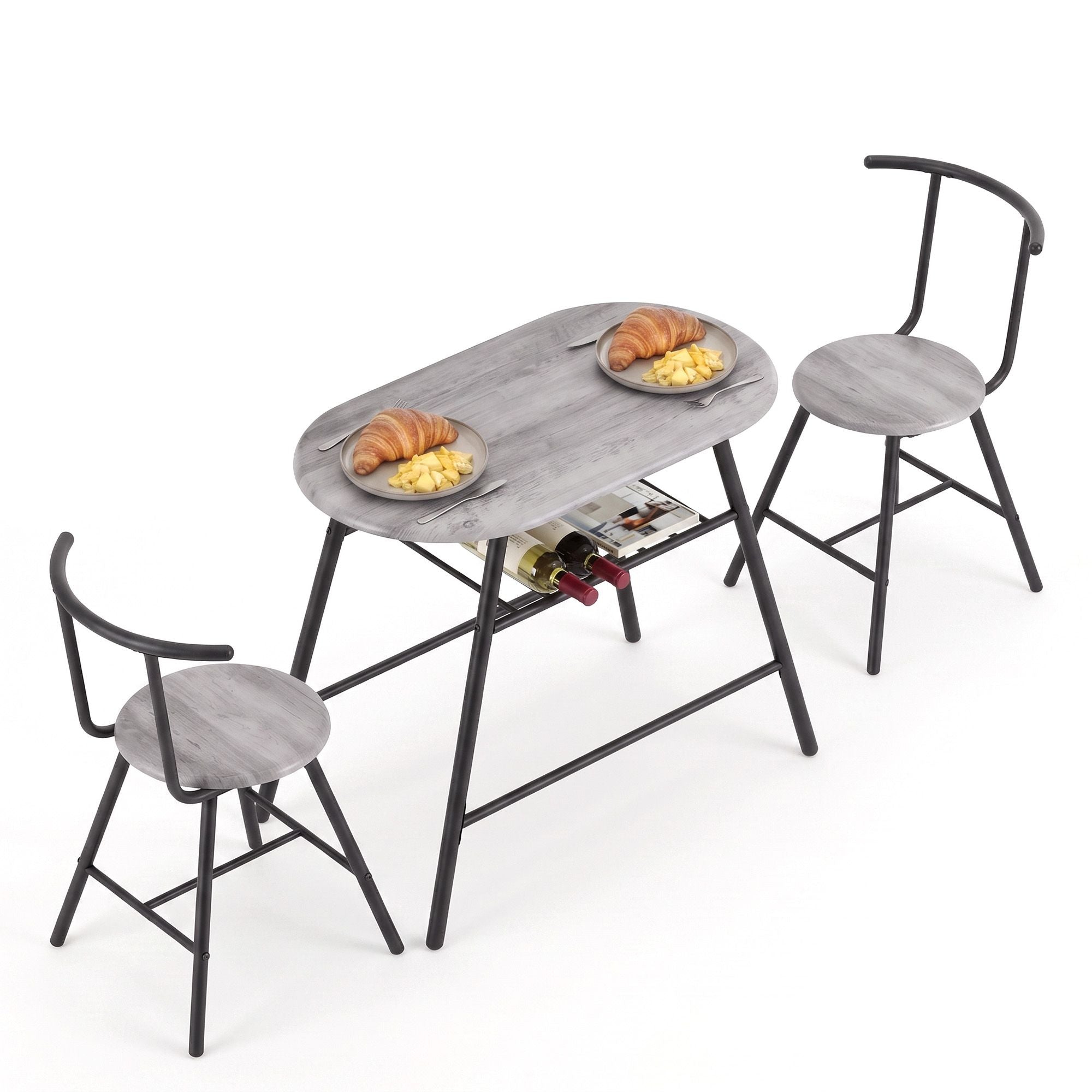 Oval 3PC Dining Table Set with Wine Rack - Grey