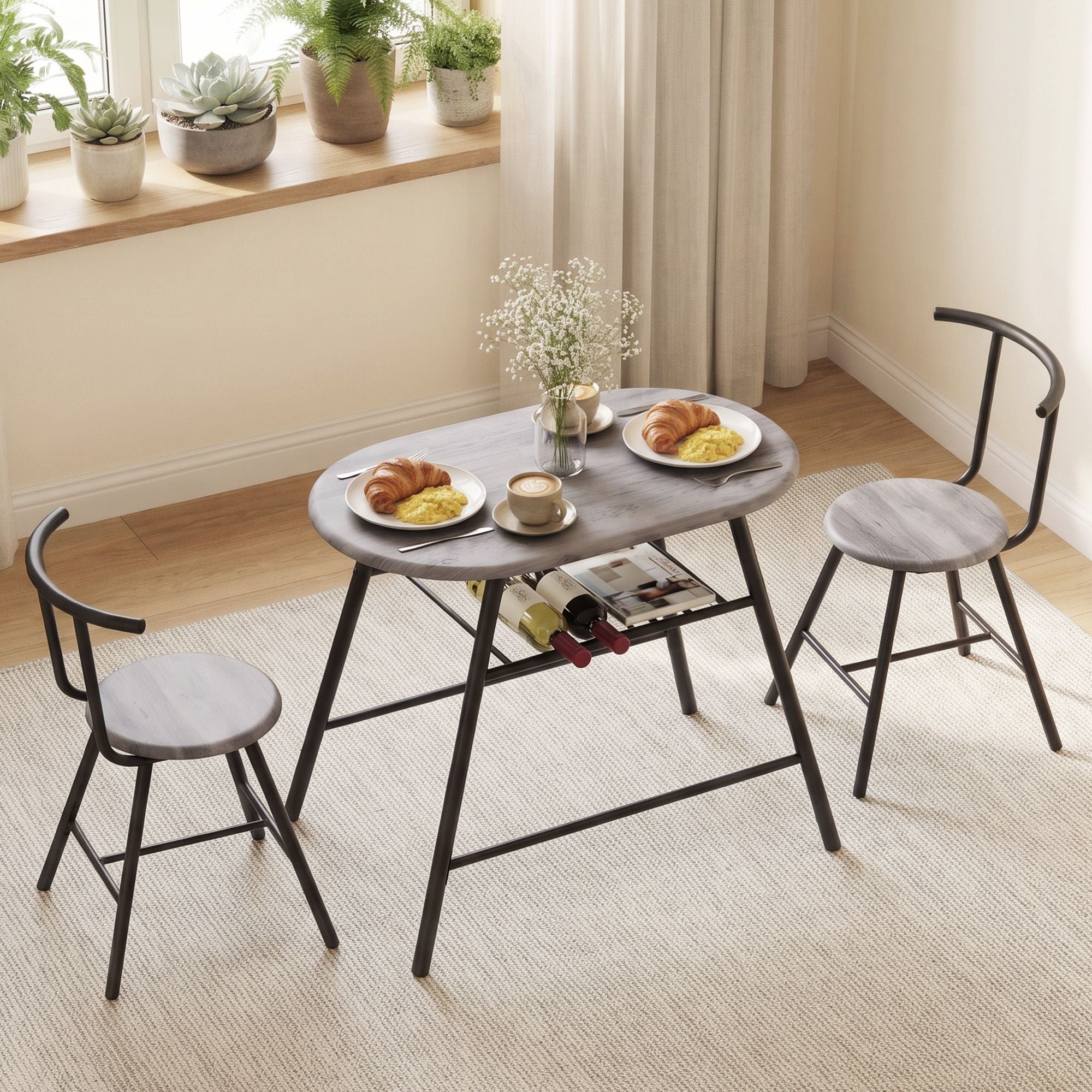 Oval 3PC Dining Table Set with Wine Rack - Grey