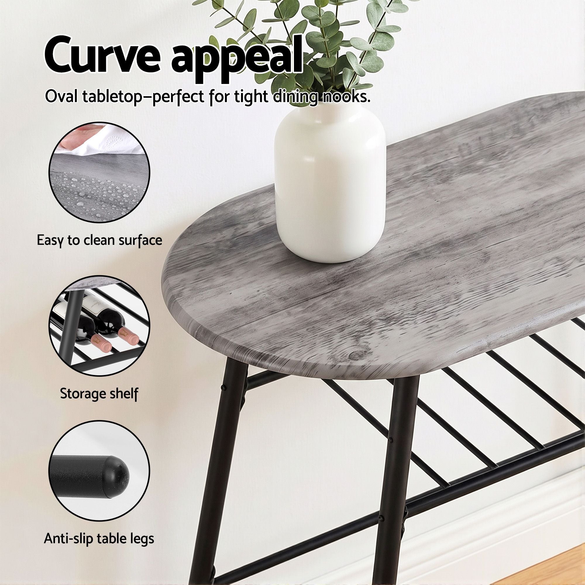 Oval 3PC Dining Table Set with Wine Rack - Grey