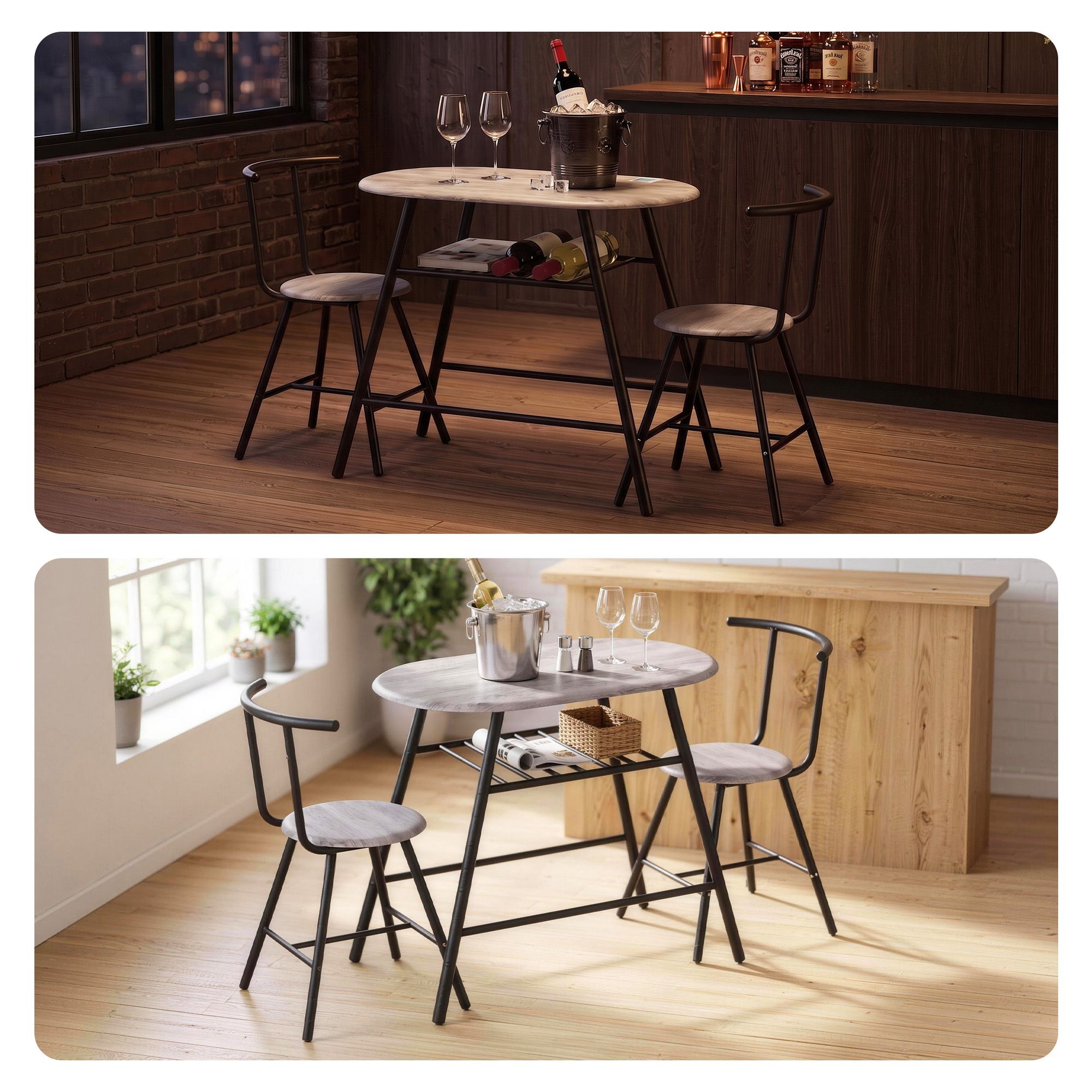 Oval 3PC Dining Table Set with Wine Rack - Grey