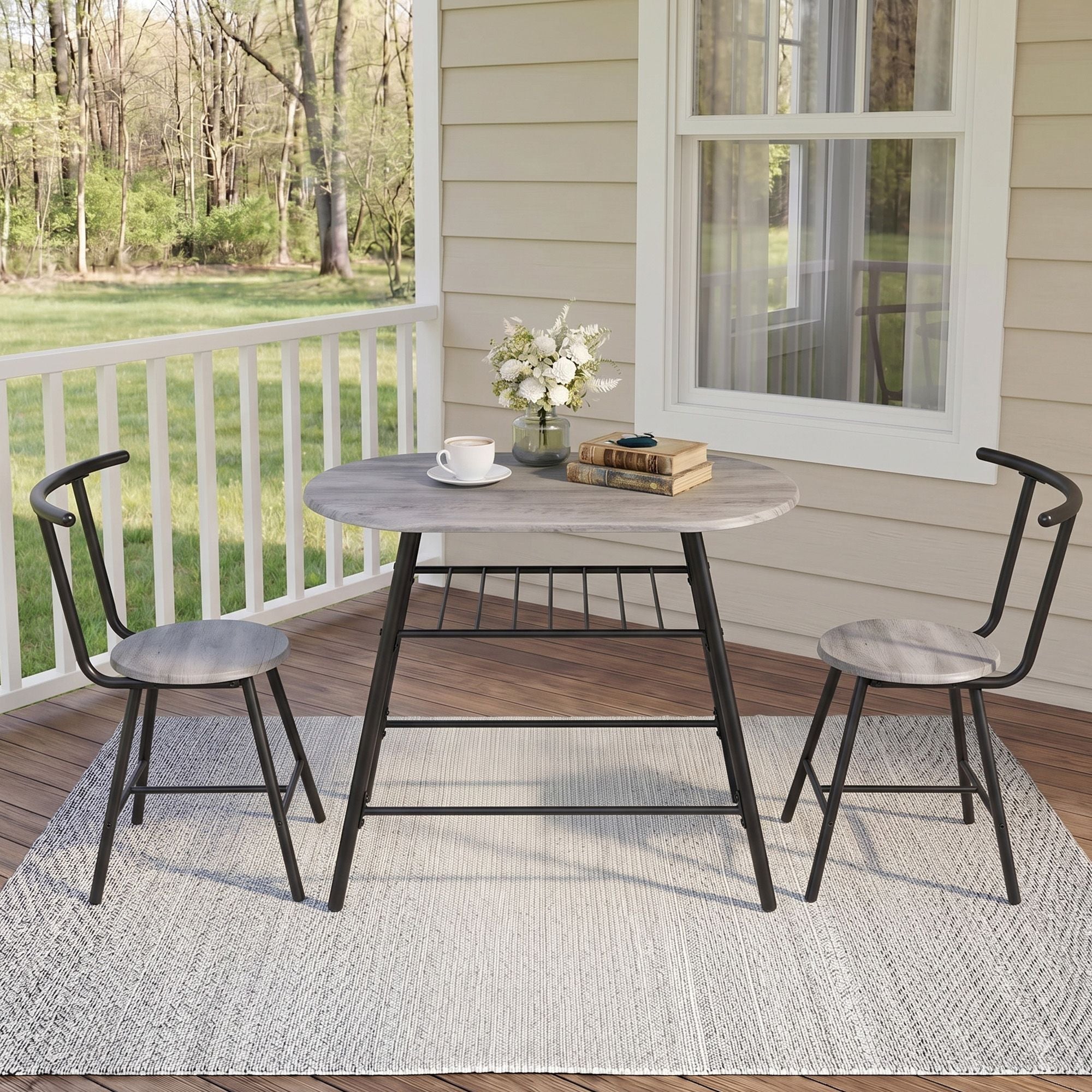 Oval 3PC Dining Table Set with Wine Rack - Grey