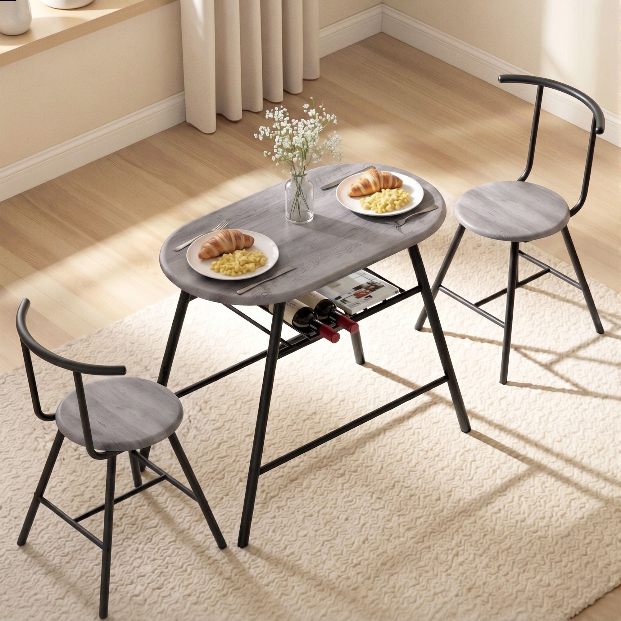 Oval 3PC Dining Table Set with Wine Rack - Grey
