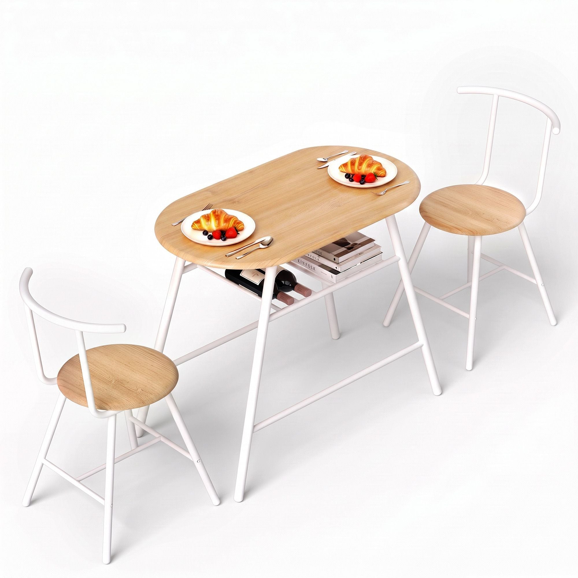 Oval 3PC Dining Table Set with Wine Rack Space-Saving Bistro - Natural White
