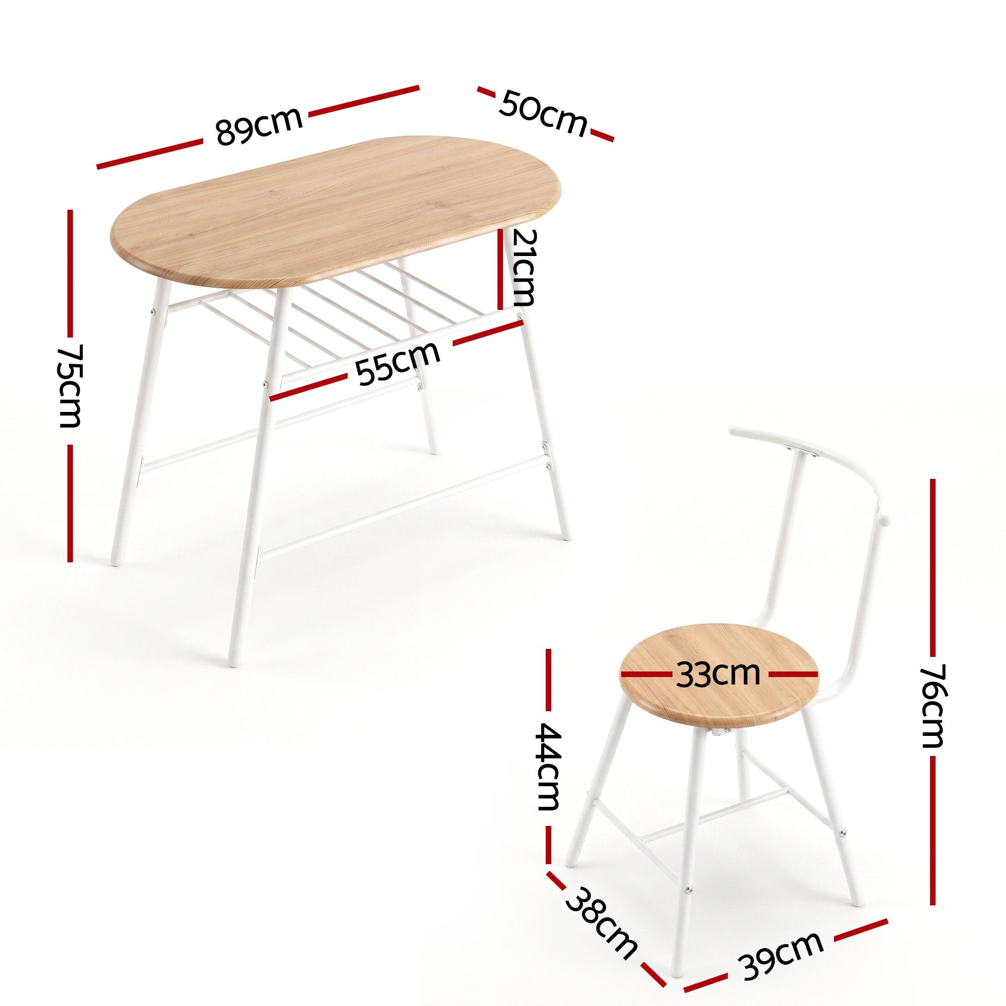 Oval 3PC Dining Table Set with Wine Rack Space-Saving Bistro - Natural White