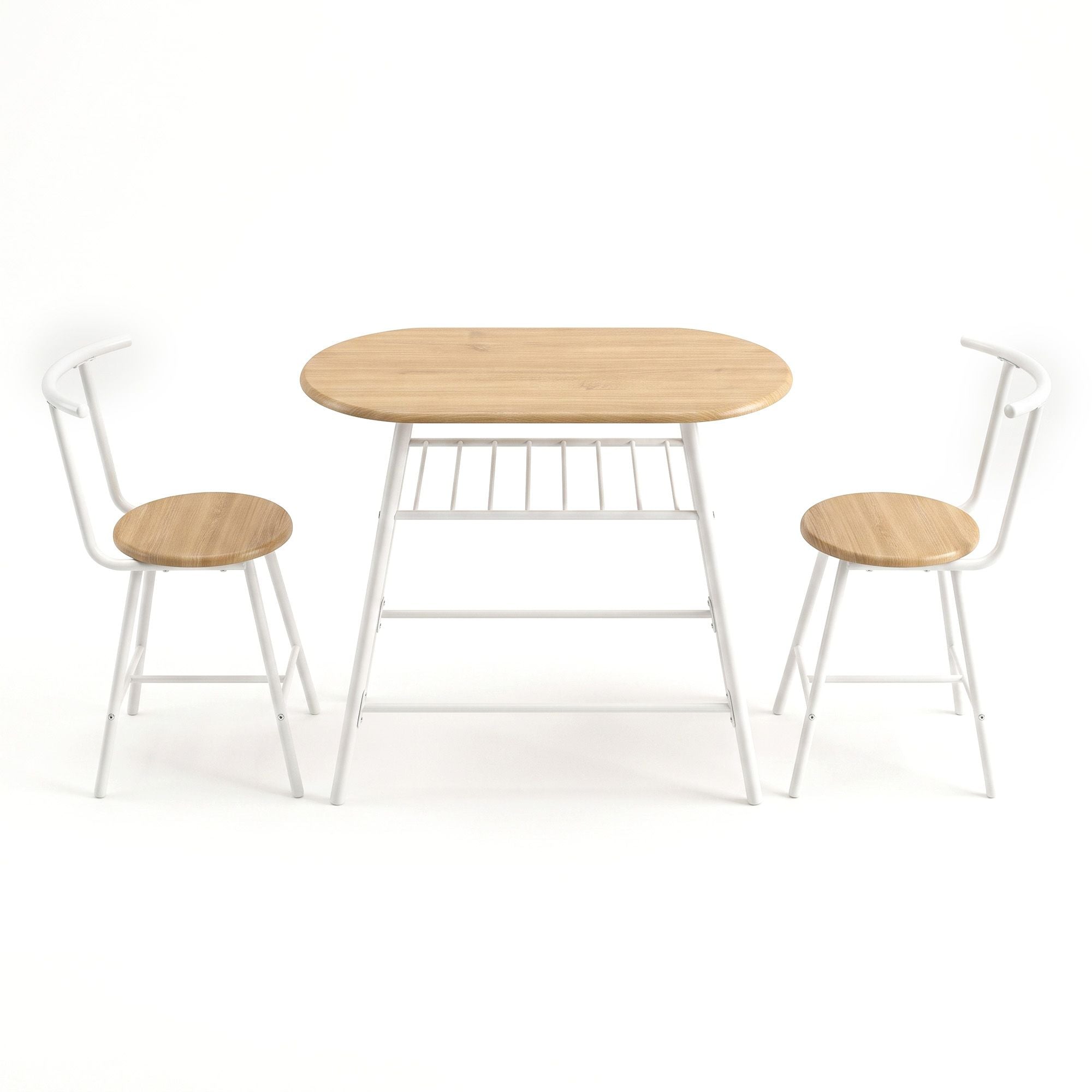 Oval 3PC Dining Table Set with Wine Rack Space-Saving Bistro - Natural White