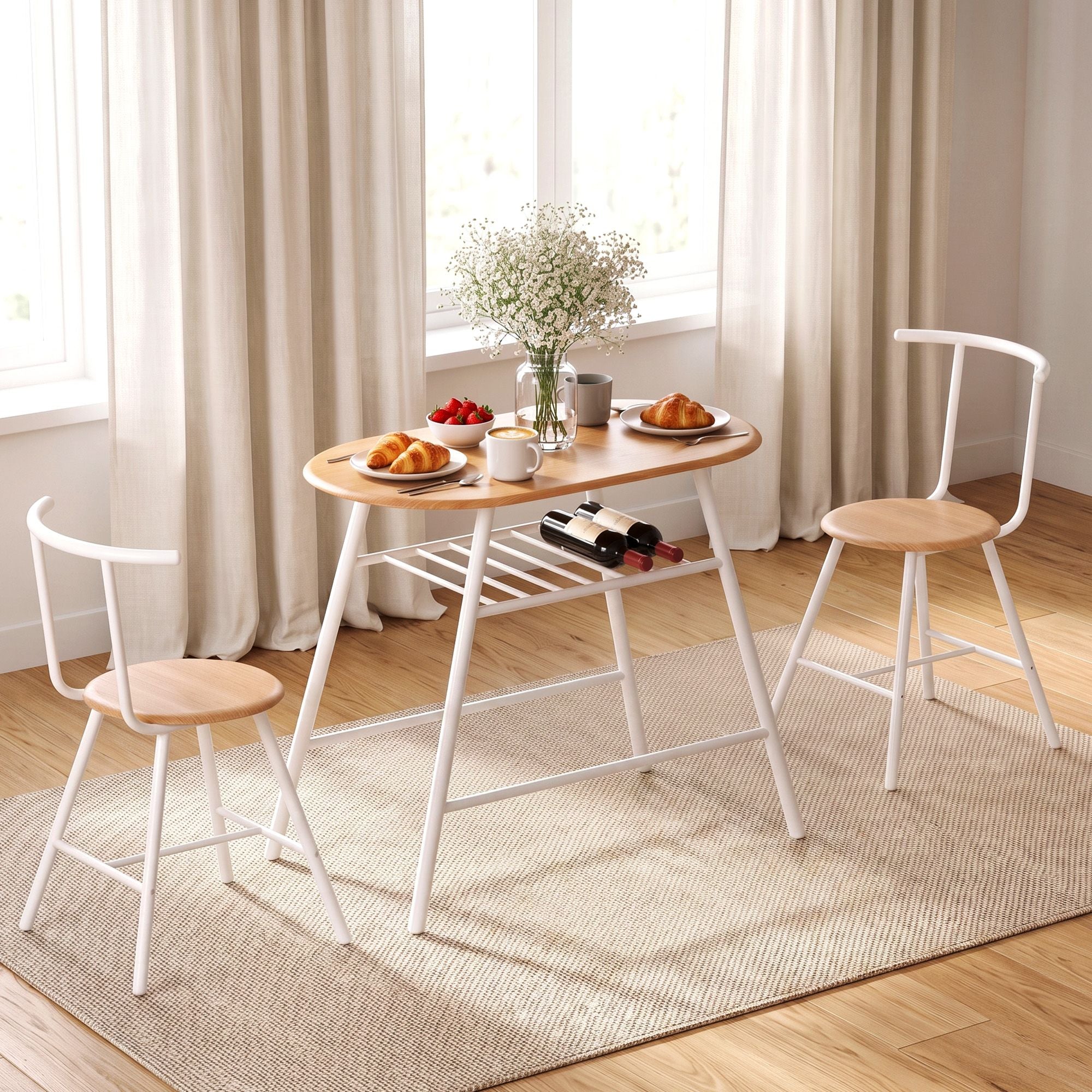 Oval 3PC Dining Table Set with Wine Rack Space-Saving Bistro - Natural White