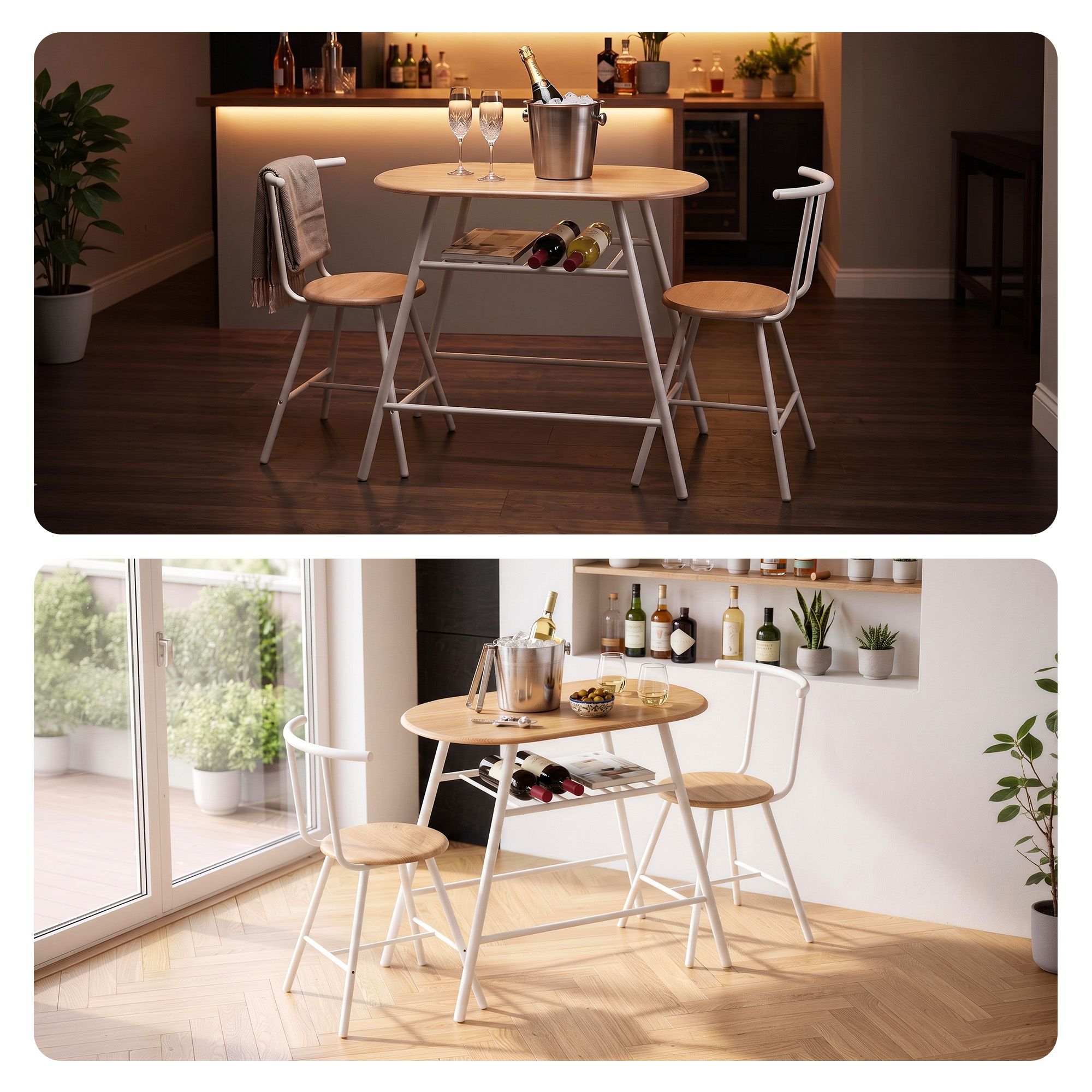 Oval 3PC Dining Table Set with Wine Rack Space-Saving Bistro - Natural White