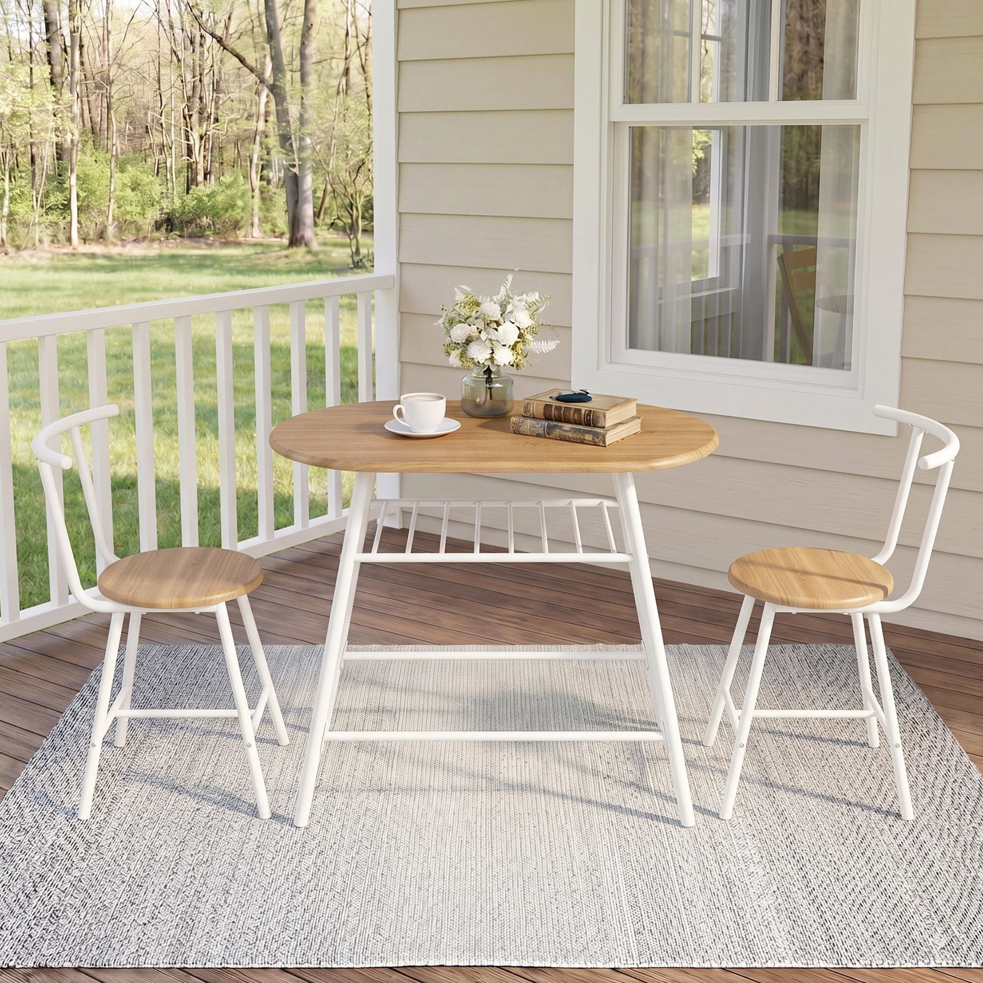 Oval 3PC Dining Table Set with Wine Rack Space-Saving Bistro - Natural White