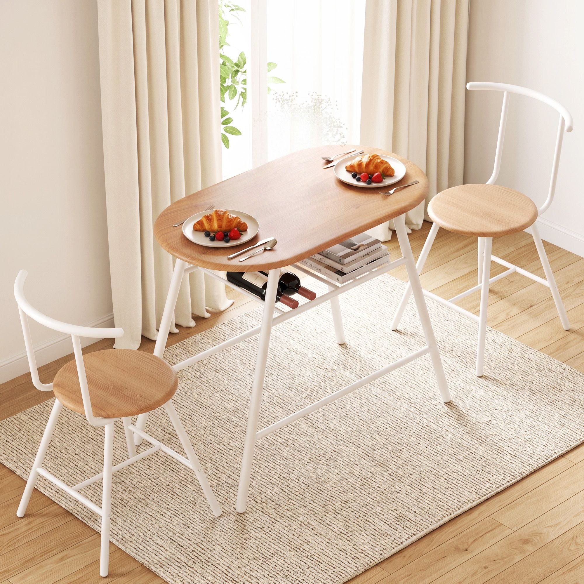 Oval 3PC Dining Table Set with Wine Rack Space-Saving Bistro - Natural White