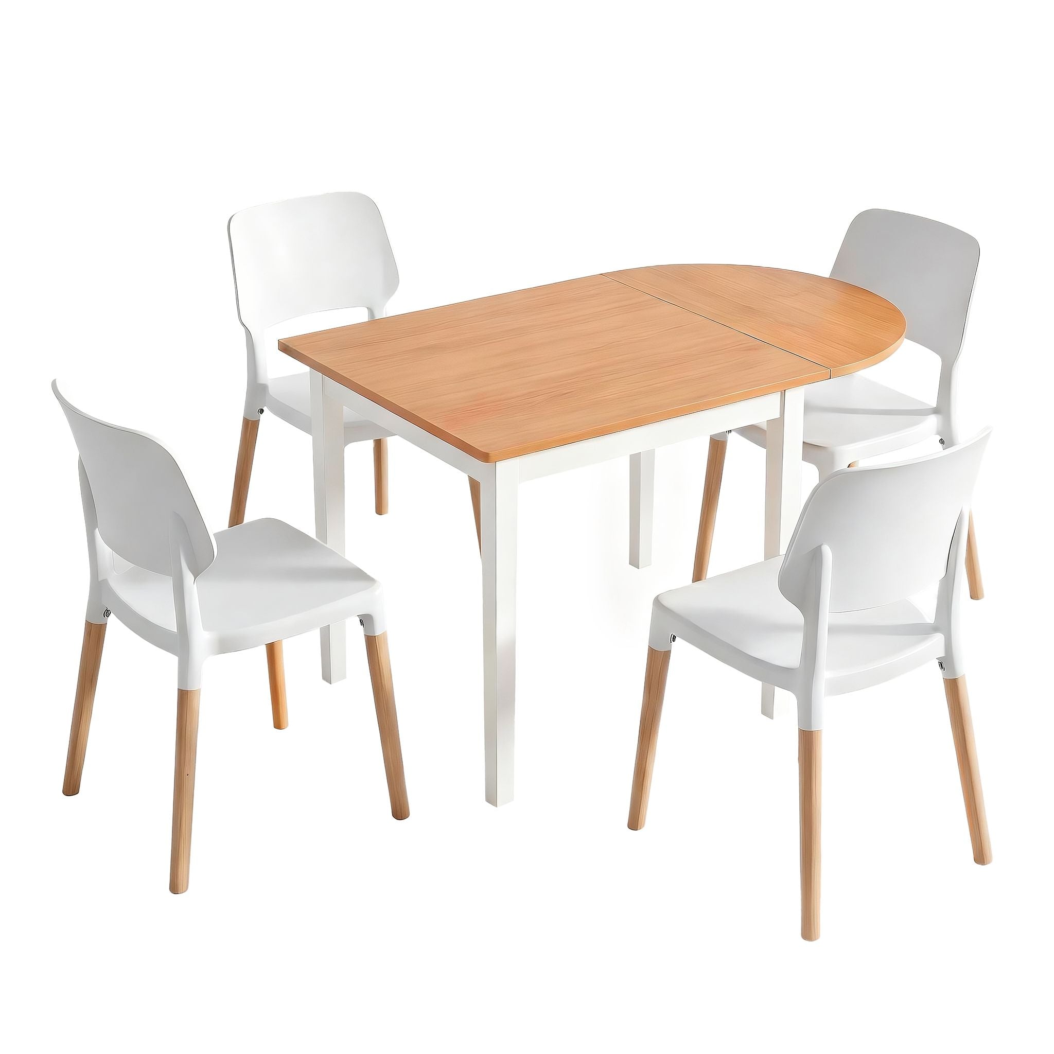Dining Table and Chairs Set 5PCS, 75-110cm Drop-Leaf Table, with 4 Dining Chairs White Wooden, 4 Seater Dining Table Set for Kitchen, Apartment, Caf√©