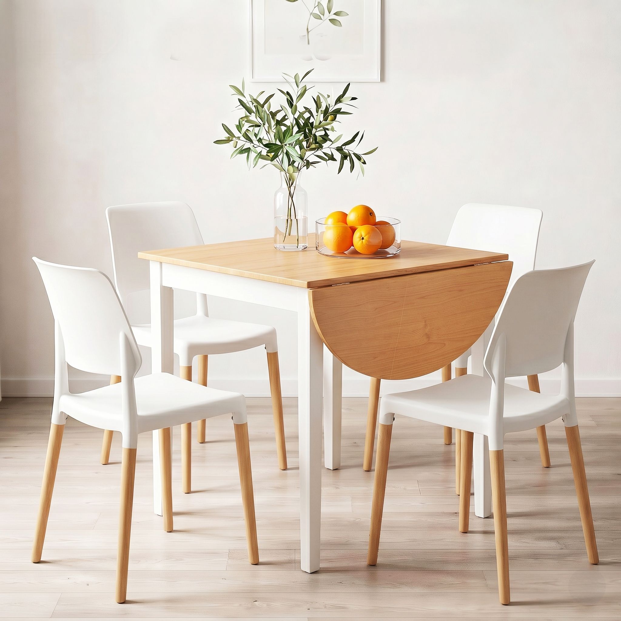 Dining Table and Chairs Set 5PCS, 75-110cm Drop-Leaf Table, with 4 Dining Chairs White Wooden, 4 Seater Dining Table Set for Kitchen, Apartment, Caf√©