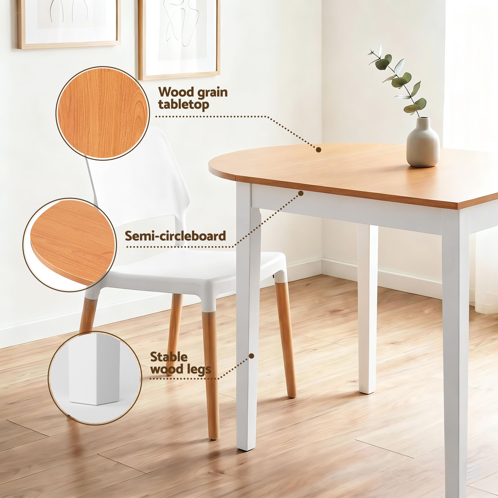 Dining Table and Chairs Set 5PCS, 75-110cm Drop-Leaf Table, with 4 Dining Chairs White Wooden, 4 Seater Dining Table Set for Kitchen, Apartment, Caf√©