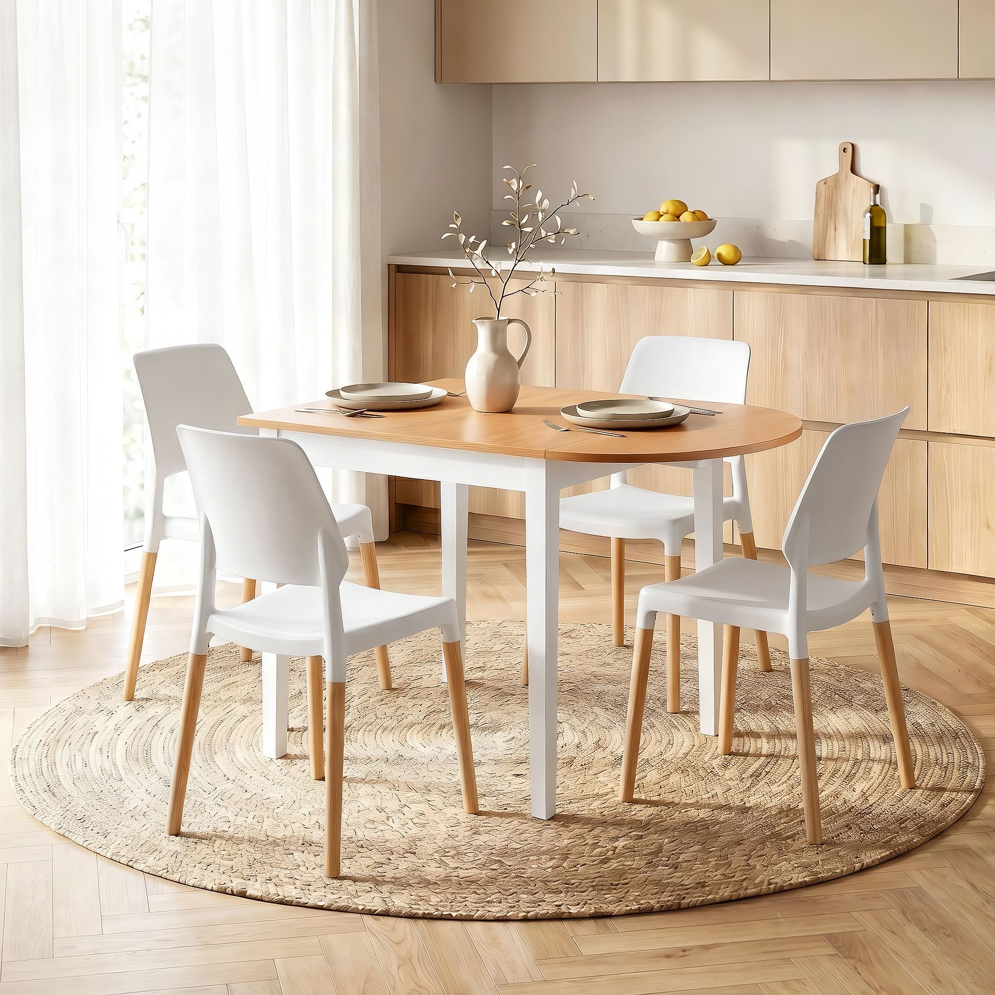 Dining Table and Chairs Set 5PCS, 75-110cm Drop-Leaf Table, with 4 Dining Chairs White Wooden, 4 Seater Dining Table Set for Kitchen, Apartment, Caf√©