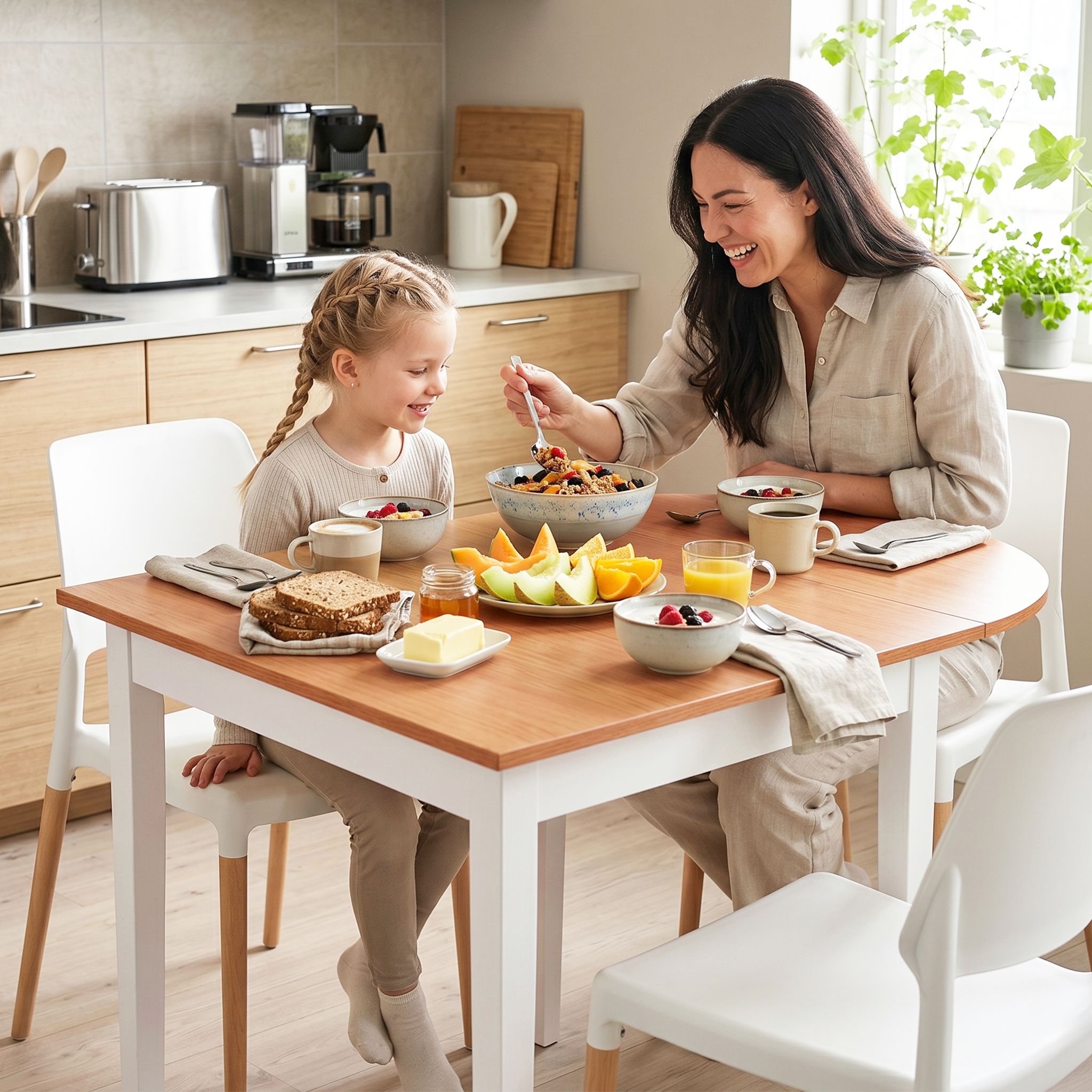 Dining Table and Chairs Set 5PCS, 75-110cm Drop-Leaf Table, with 4 Dining Chairs White Wooden, 4 Seater Dining Table Set for Kitchen, Apartment, Caf√©